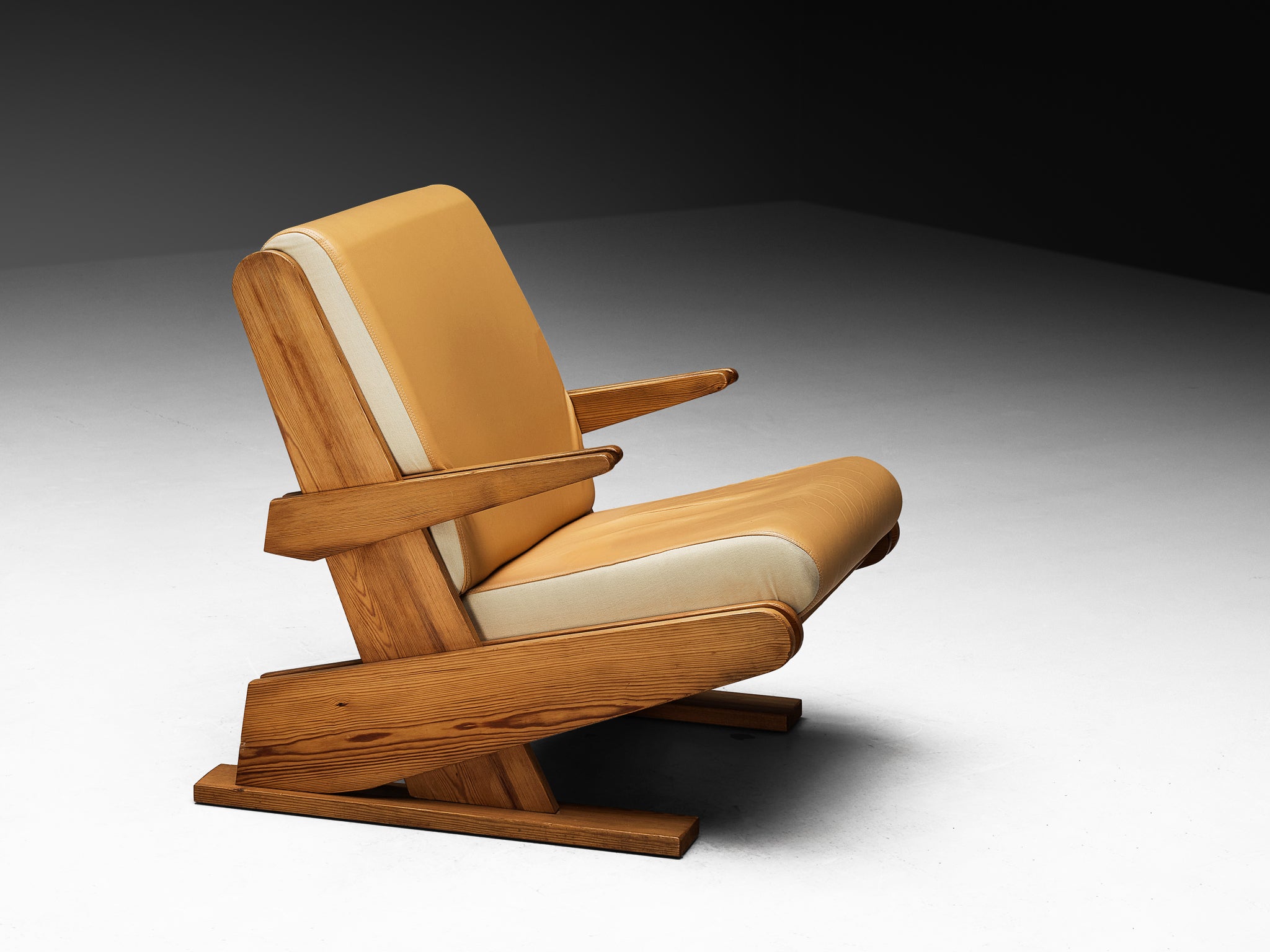 Brutalist Lounge Chair in Beige Camel Upholstery and Pine Seating Morentz