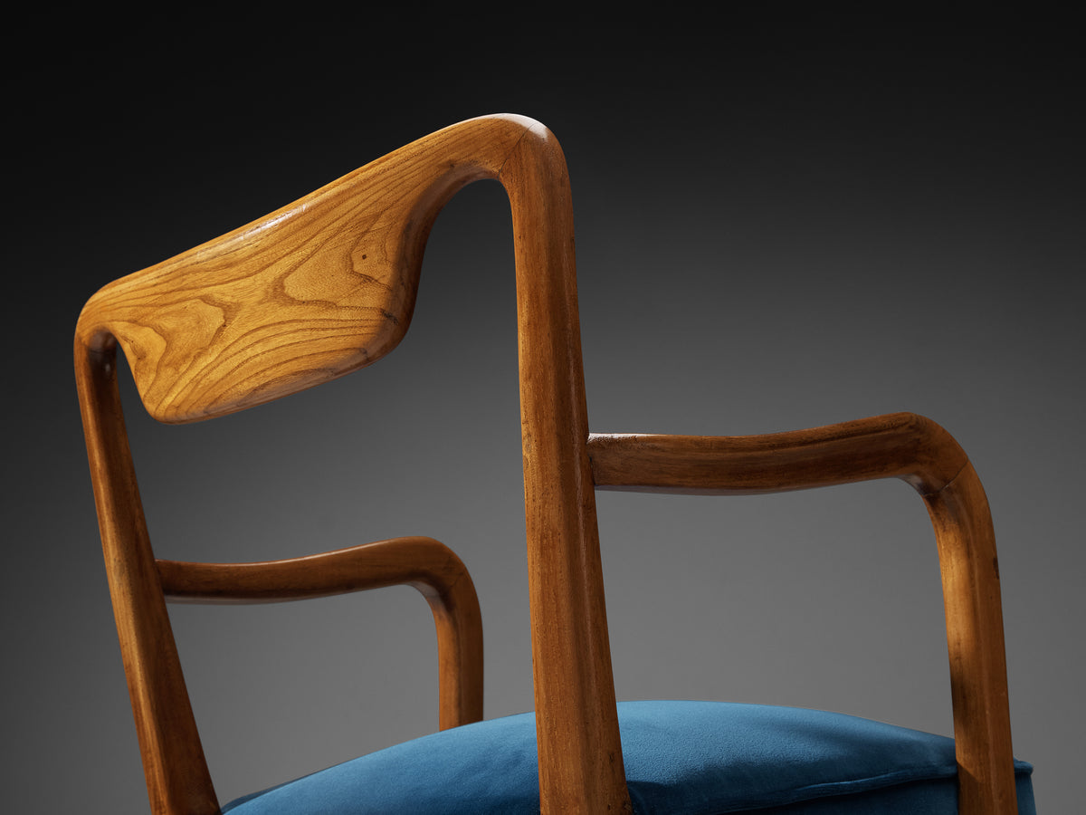 Art Deco Gio Ponti Set of Four Dining Armchairs in Teak with Blue Upholstery Seating Morentz