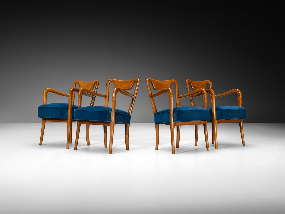Art Deco Gio Ponti Set of Four Dining Armchairs in Teak with Blue Upholstery Seating Morentz