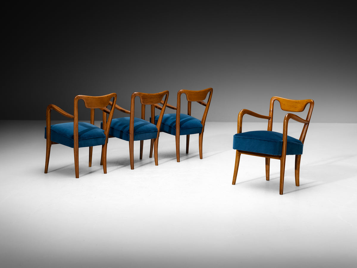 Art Deco Gio Ponti Set of Four Dining Armchairs in Teak with Blue Upholstery Seating Morentz