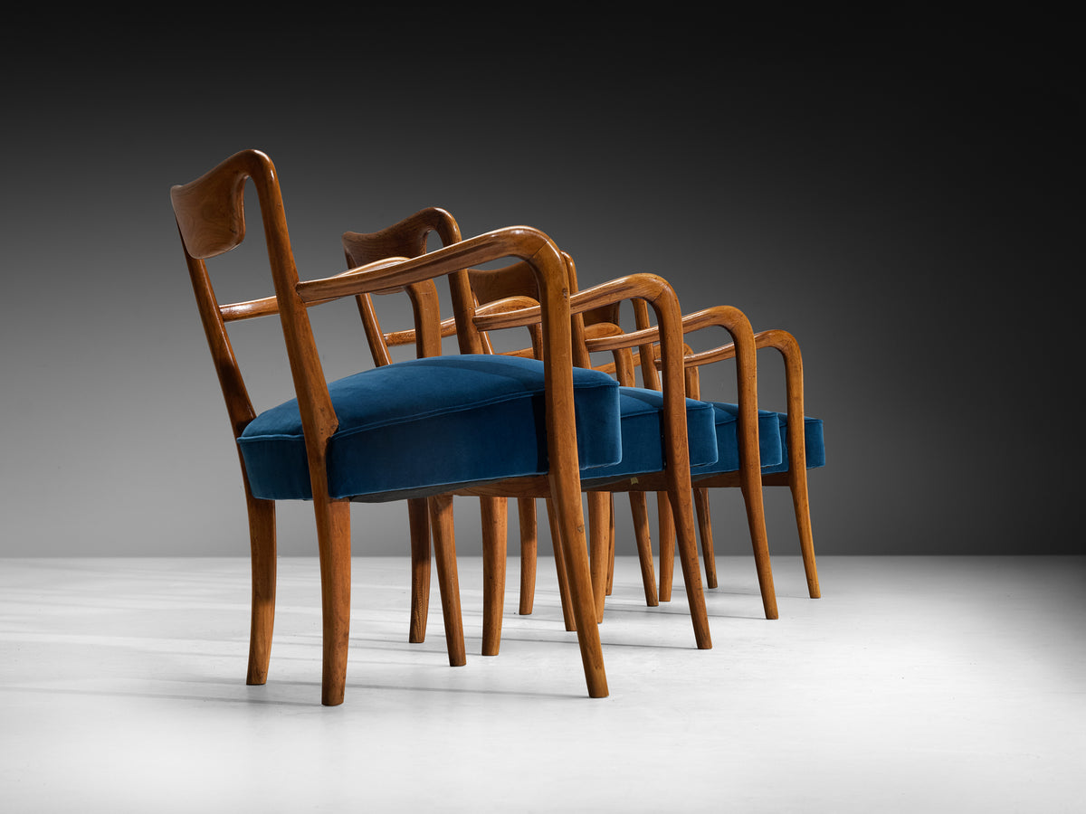 Art Deco Gio Ponti Set of Four Dining Armchairs in Teak with Blue Upholstery Seating Morentz