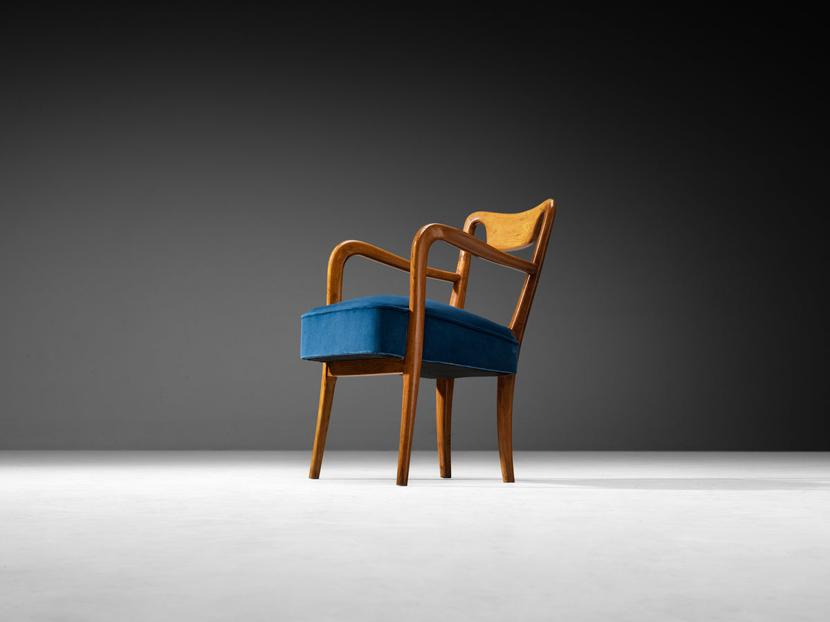 Art Deco Gio Ponti Set of Four Dining Armchairs in Teak with Blue Upholstery Seating Morentz