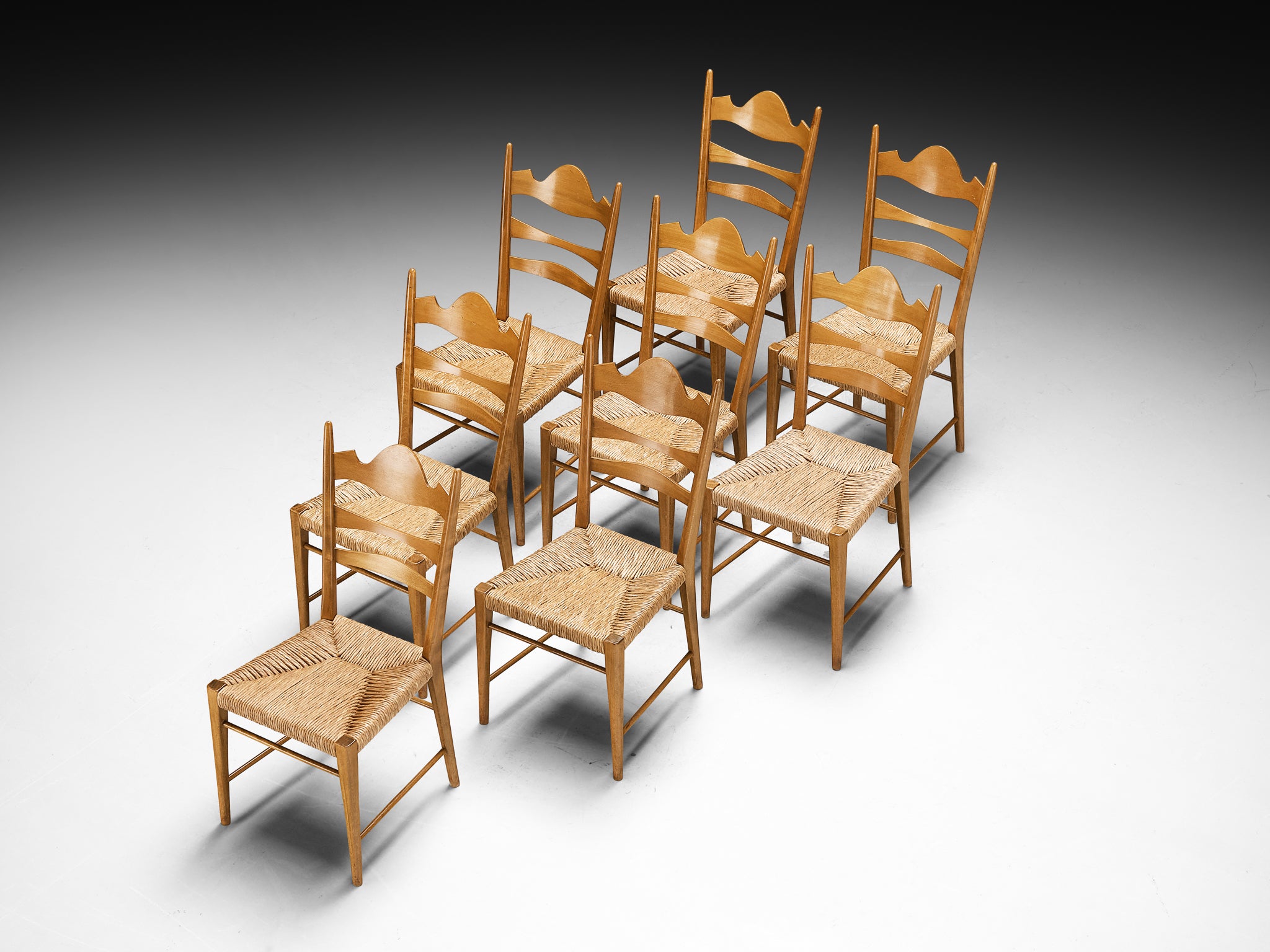 Set of Eight Italian Dining Chairs with Carved Backs and Straw Seats Seating Morentz