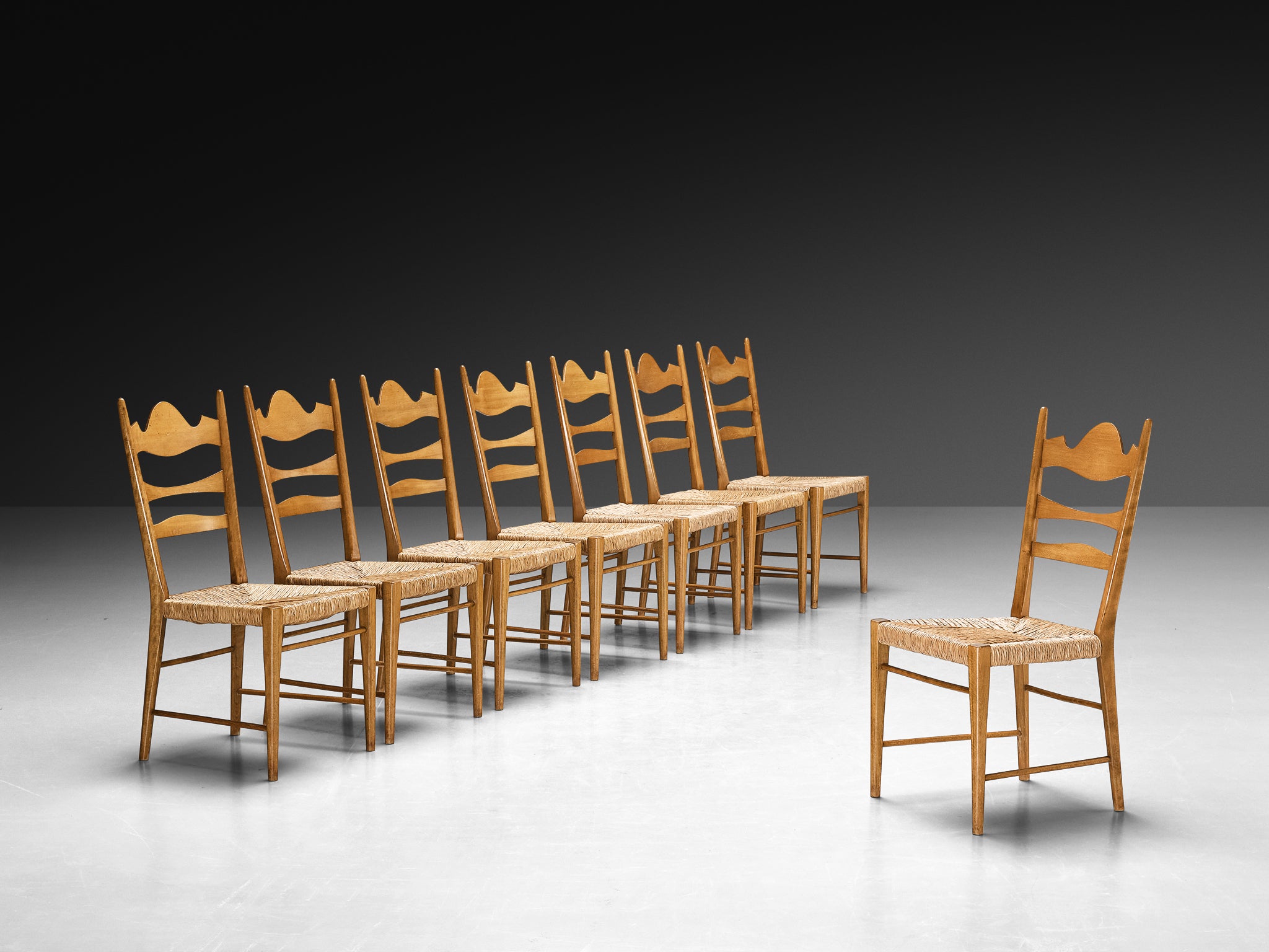 Set of Eight Italian Dining Chairs with Carved Backs and Straw Seats Seating Morentz