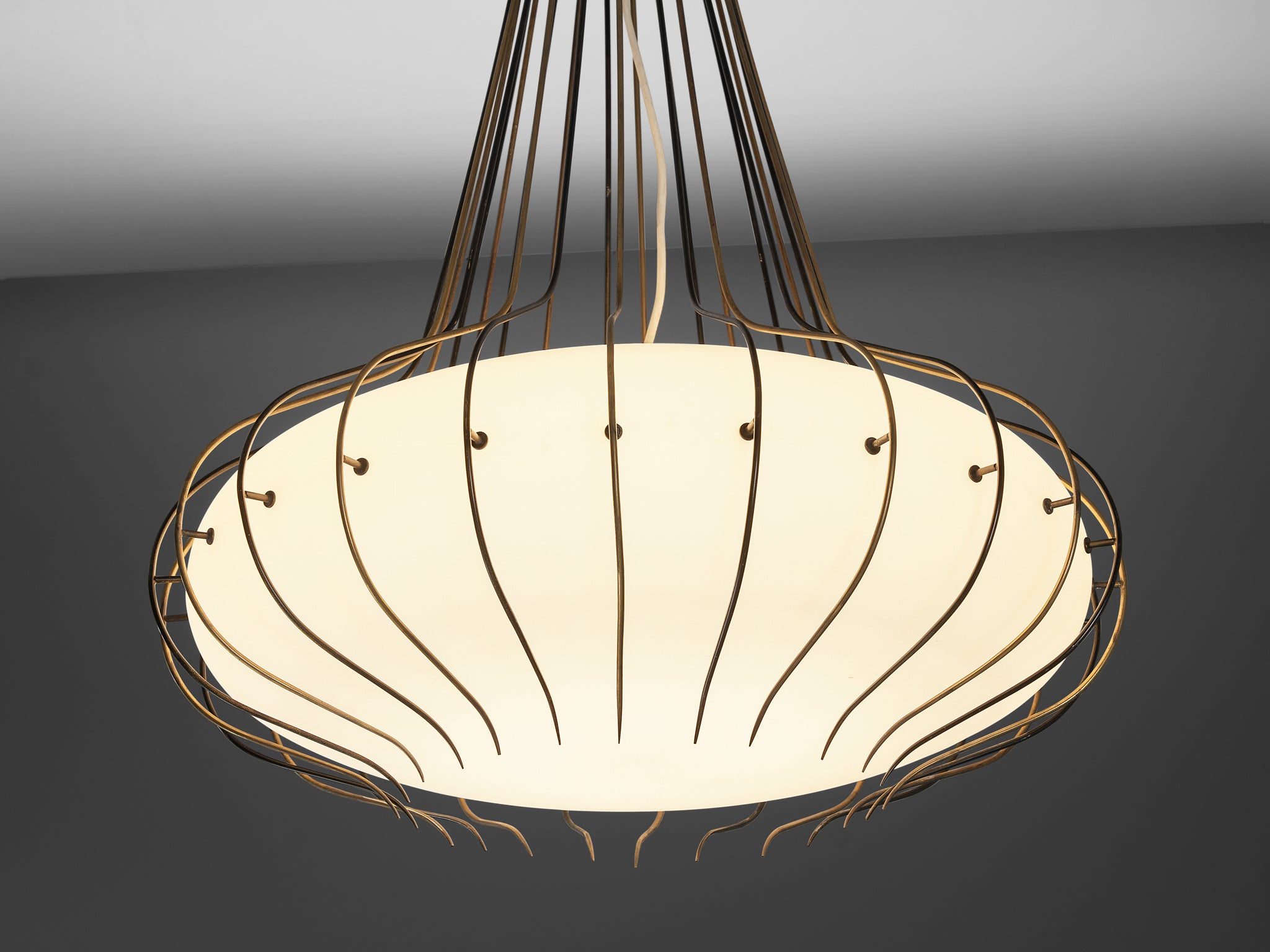 Angelo Lelii for Arredoluce 'Medusa' Chandelier in Brass and White Opal Glass Lighting Morentz