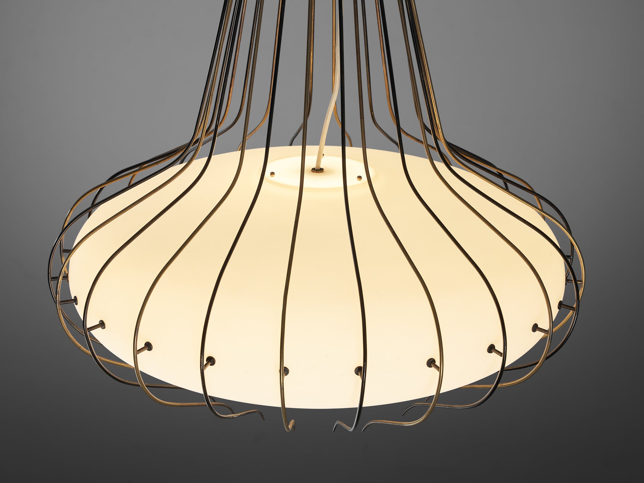 Angelo Lelii for Arredoluce 'Medusa' Chandelier in Brass and White Opal Glass Lighting Morentz