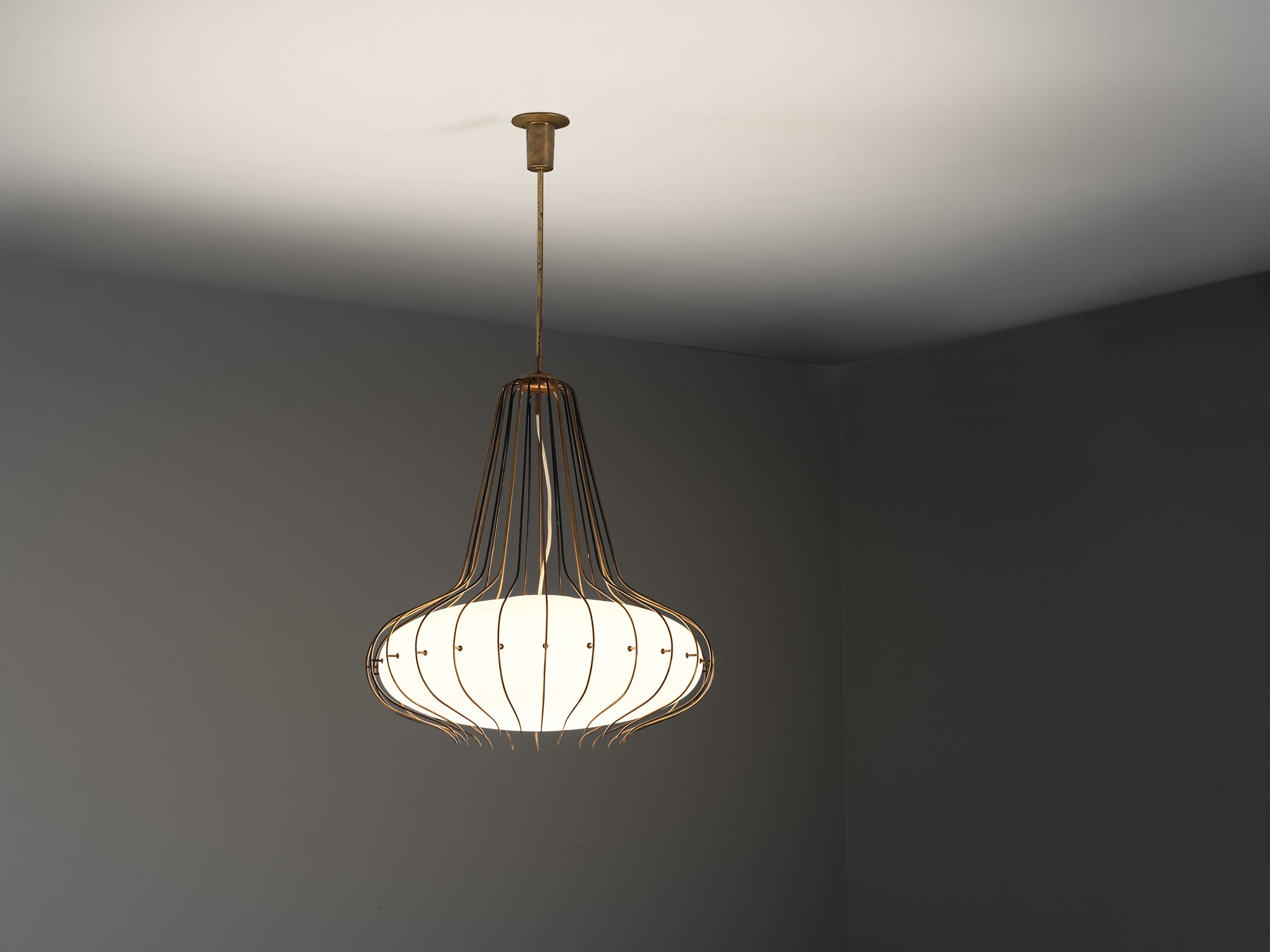 Angelo Lelii for Arredoluce 'Medusa' Chandelier in Brass and White Opal Glass Lighting Morentz