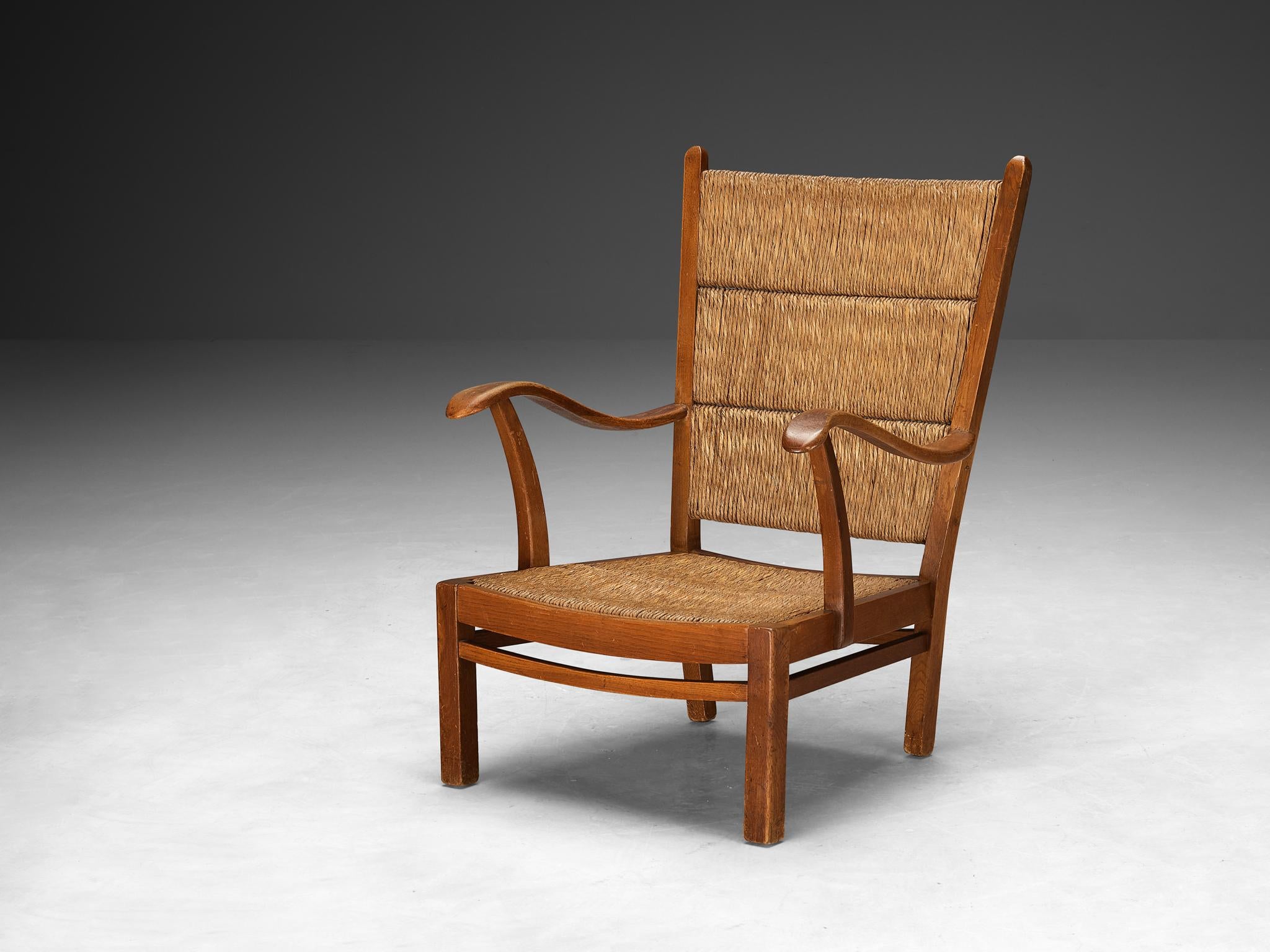 Rustic Dutch Lounge Chair in Woven Straw and Wood