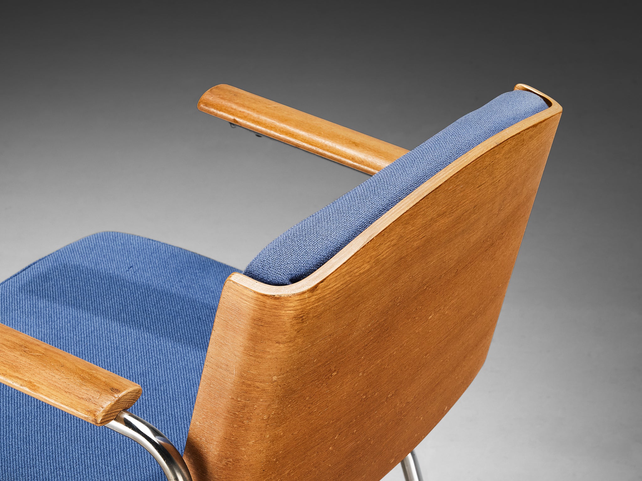 Danish Pair of Armchairs in Oak and Chrome with Blue Upholstery Seating Morentz