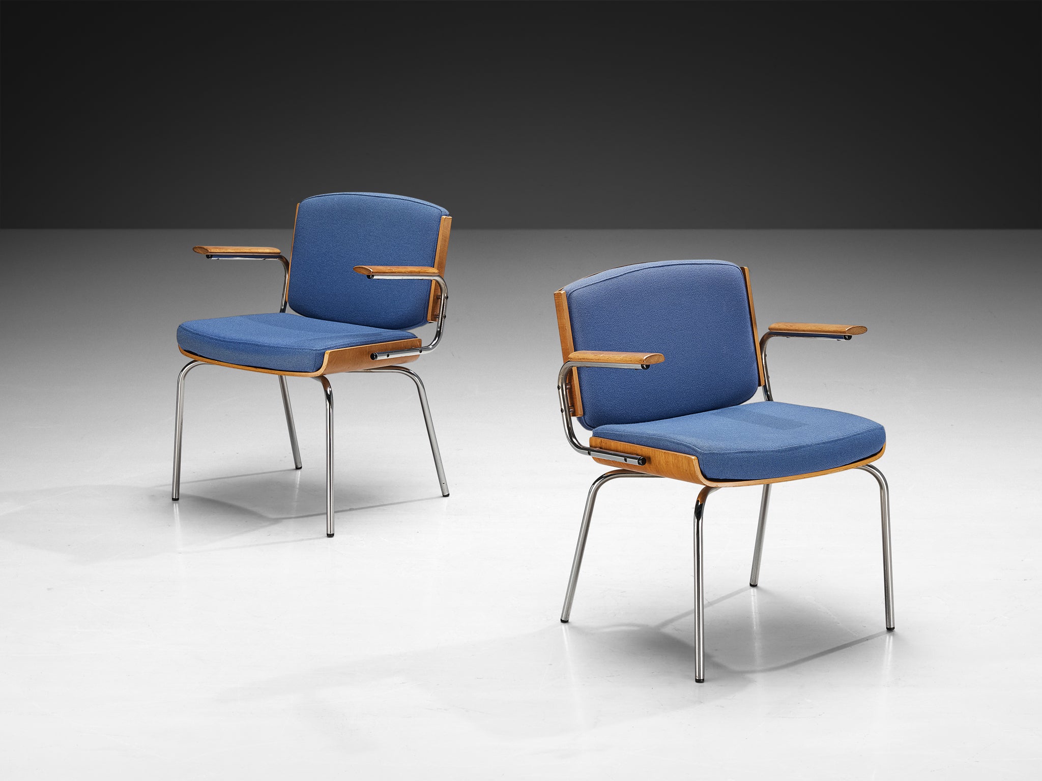 Danish Pair of Armchairs in Oak and Chrome with Blue Upholstery Seating Morentz