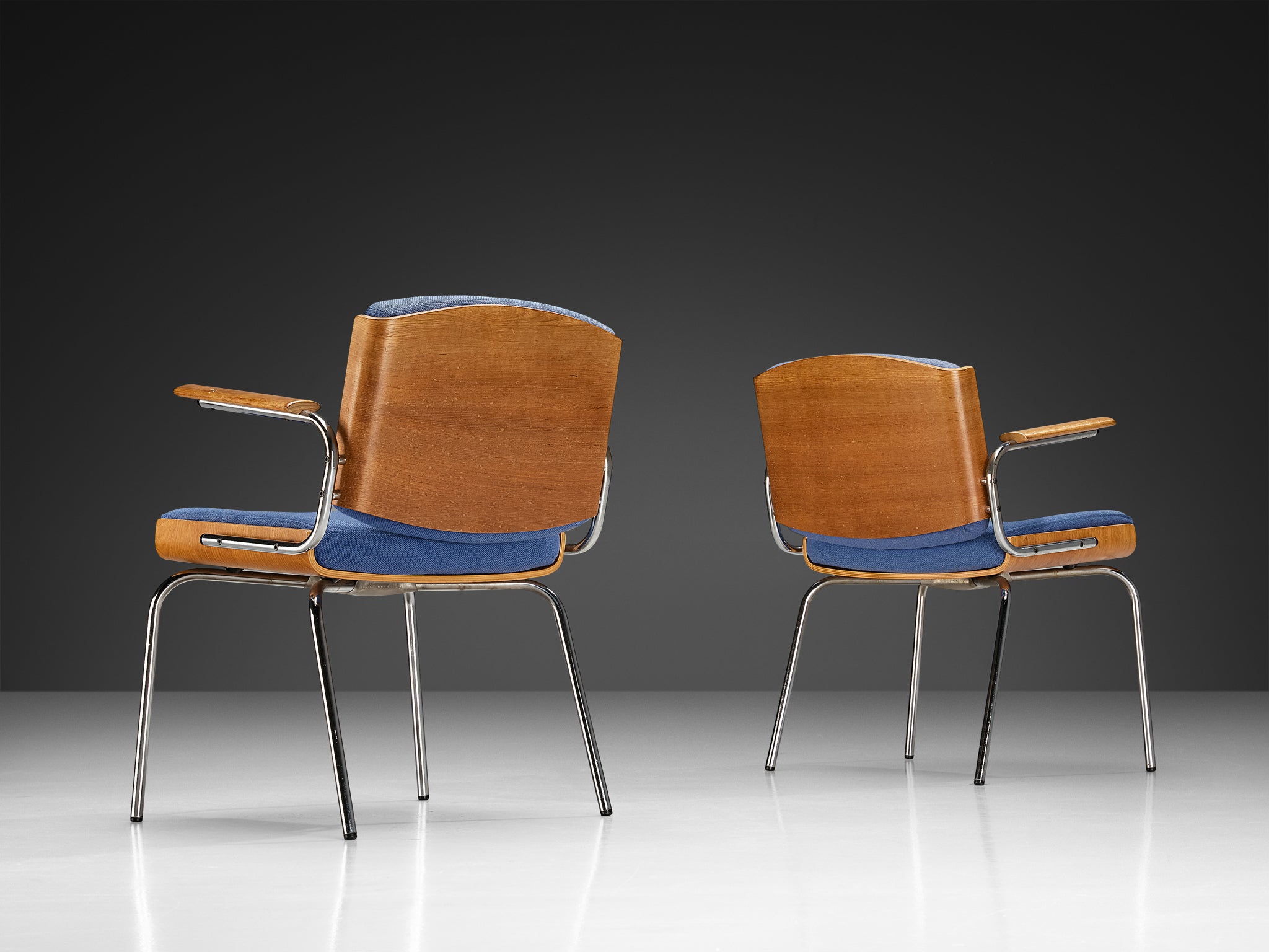 Danish Pair of Armchairs in Oak and Chrome with Blue Upholstery Seating Morentz