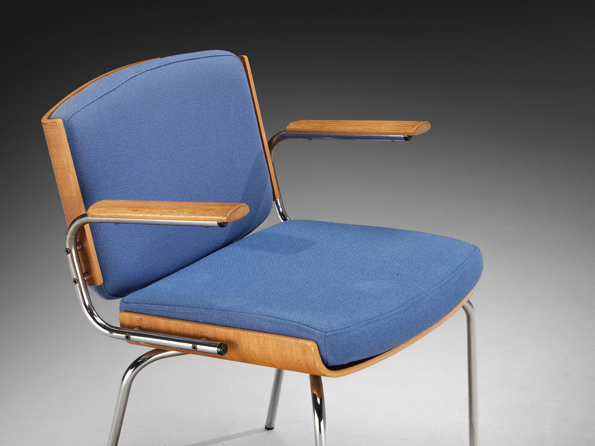 Danish Pair of Armchairs in Oak and Chrome with Blue Upholstery Seating Morentz