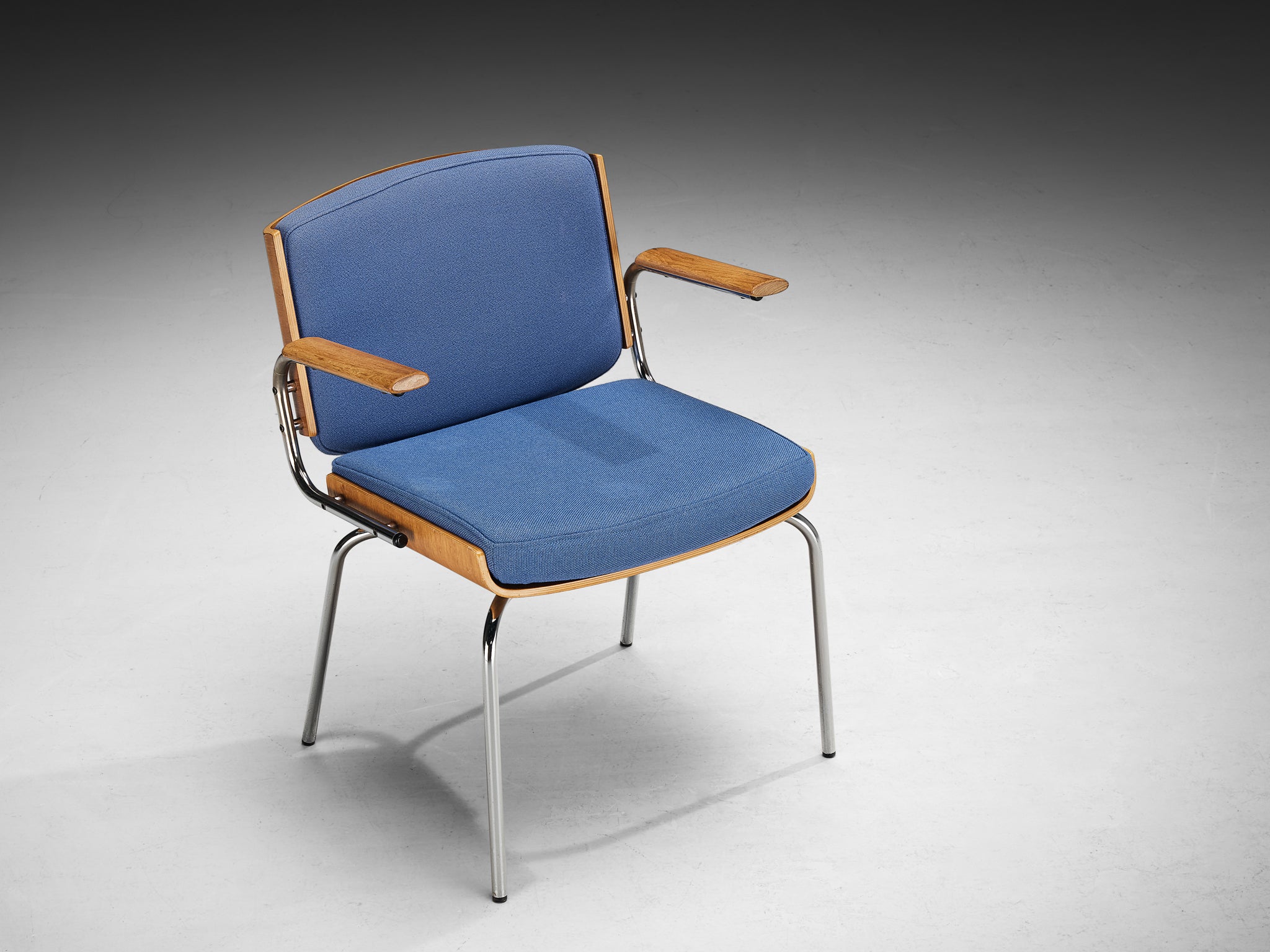 Danish Pair of Armchairs in Oak and Chrome with Blue Upholstery Seating Morentz