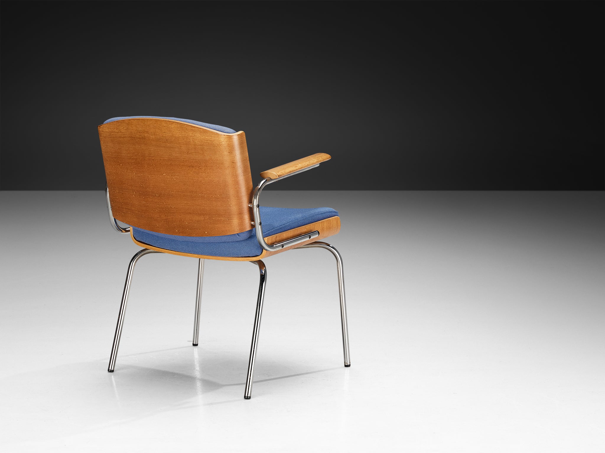 Danish Pair of Armchairs in Oak and Chrome with Blue Upholstery Seating Morentz