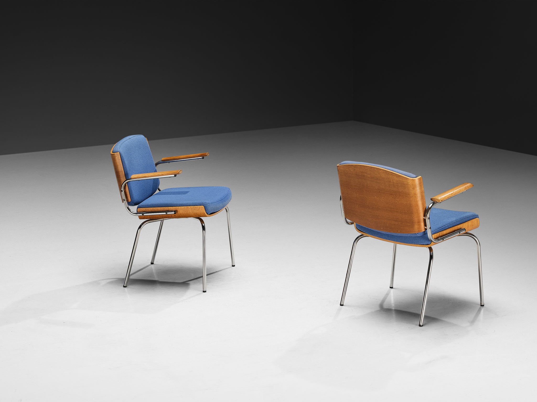 Danish Pair of Armchairs in Oak and Chrome with Blue Upholstery Seating Morentz