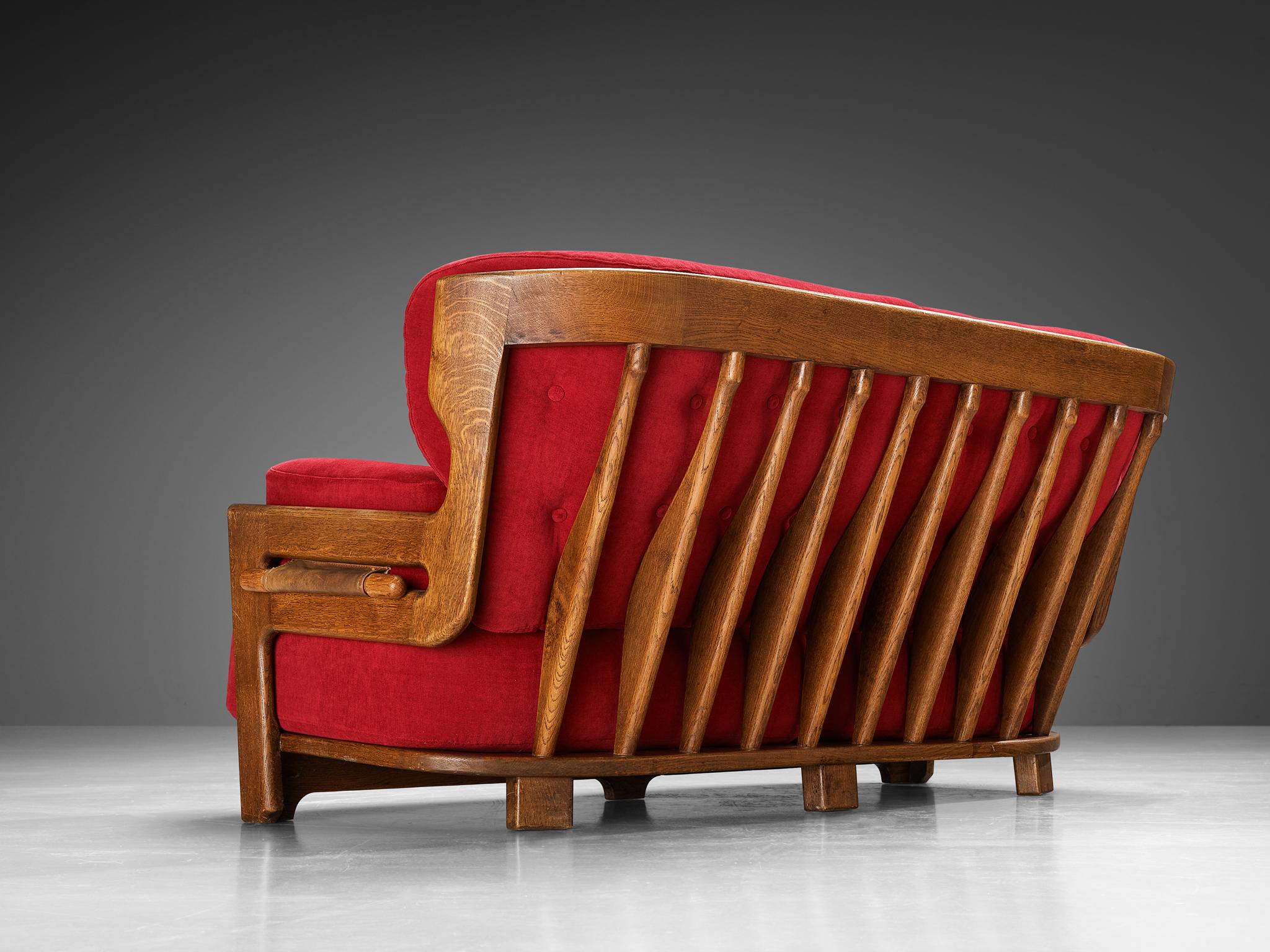 Guillerme & Chambron Sofa 'Denis' in Solid Oak and Red Pink Velvet