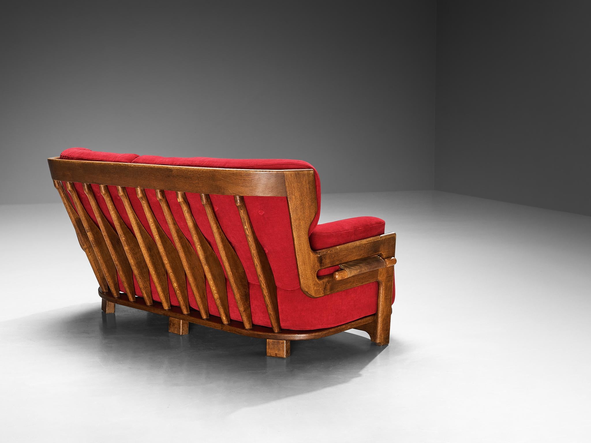 Guillerme & Chambron Sofa 'Denis' in Solid Oak and Red Pink Velvet