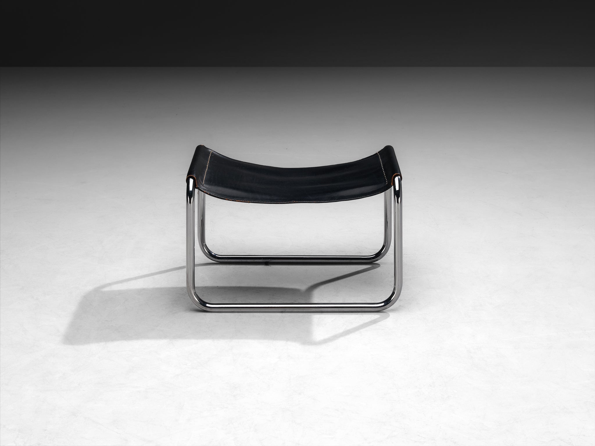 Ottoman in Black Saddle Leather and Chromed Metal Seating Morentz