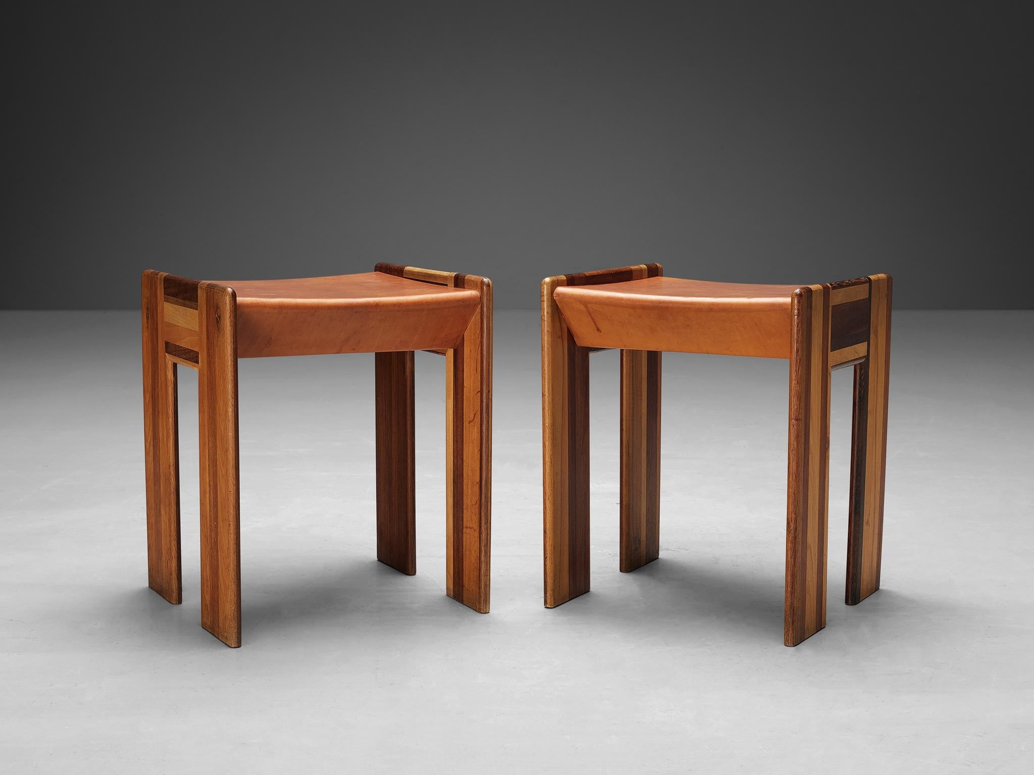 Afra & Tobia Scarpa 'Benetton' Stools in Mixed Wood and Cognac Leather