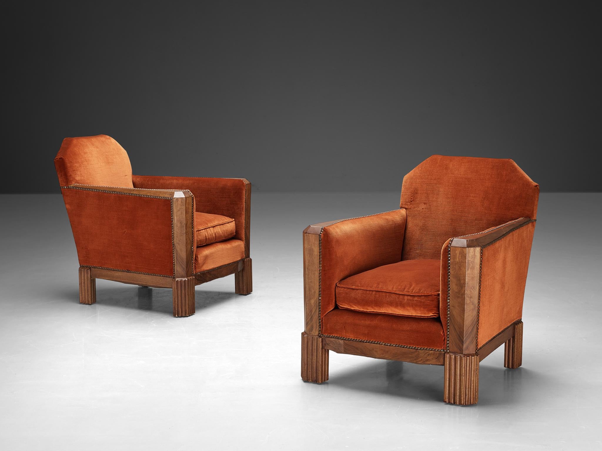 French Art Deco Pair of Lounge Chairs in Orange Corduroy and Walnut