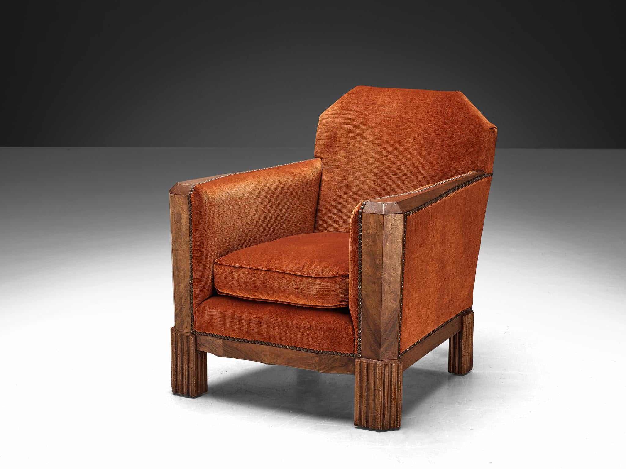 French Art Deco Pair of Lounge Chairs in Orange Corduroy and Walnut