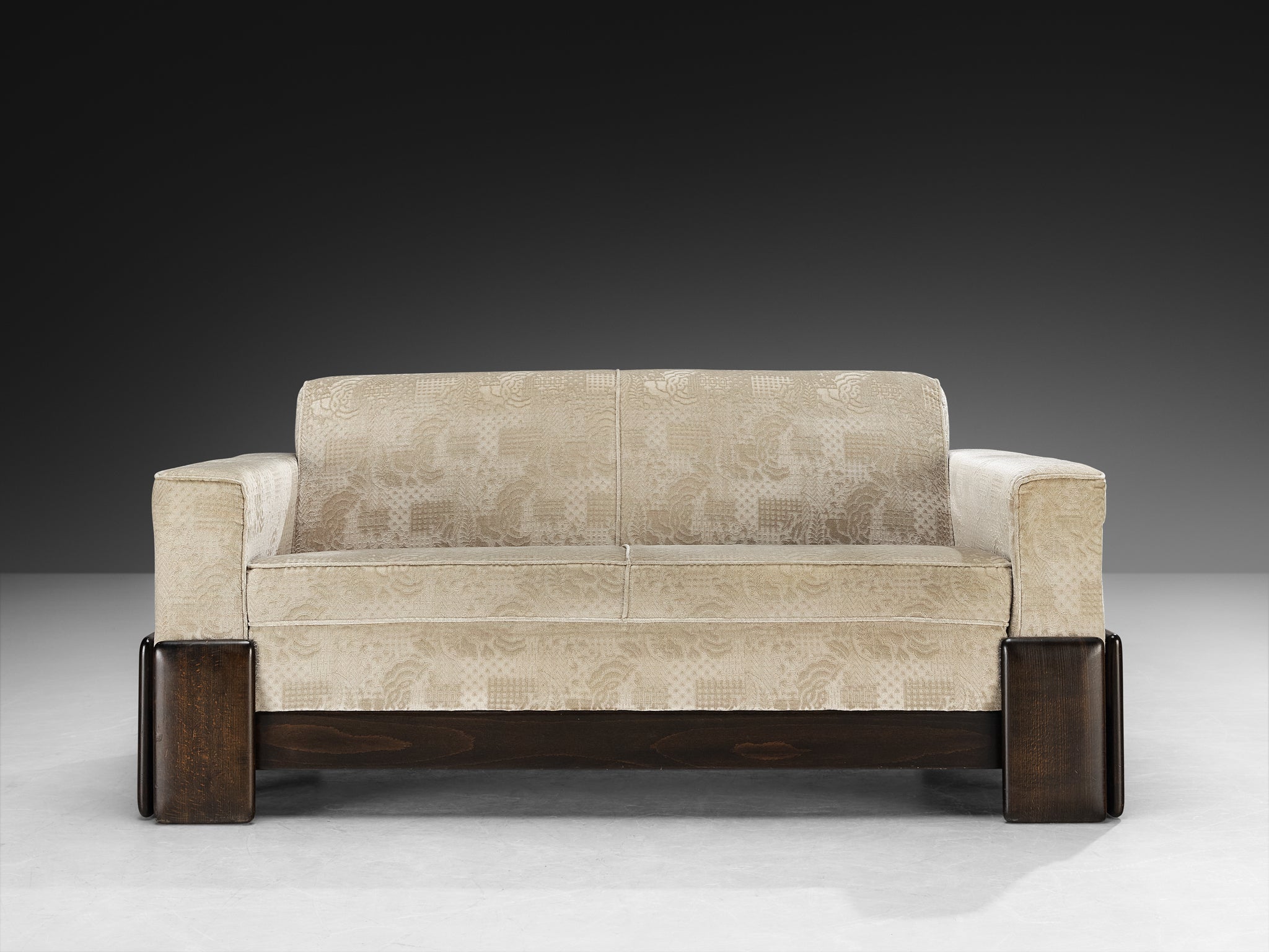 Post-Modern Italian Two Seat Sofa in Wood and Creme Colored Velvet Upholstery Seating Morentz