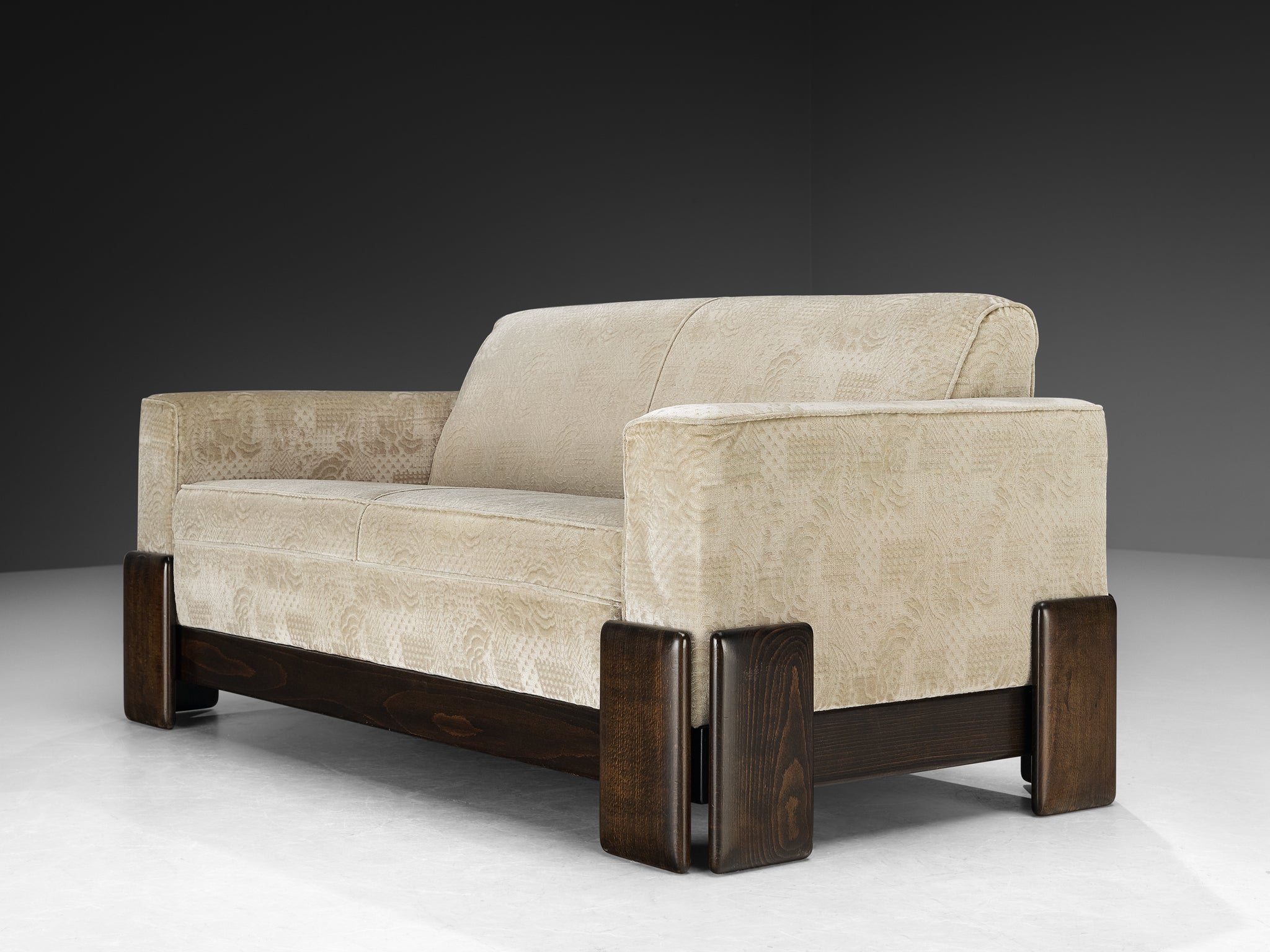 Post-Modern Italian Two Seat Sofa in Wood and Creme Colored Velvet Upholstery Seating Morentz