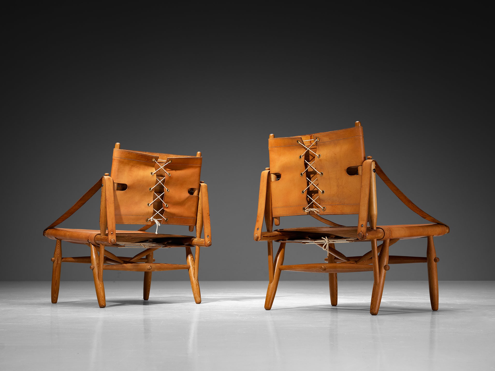 Rare Ilmari Tapiovaara for Lukkiseppo 'Chaco' Lounge Chairs in Cognac Leather and Pine Seating Morentz