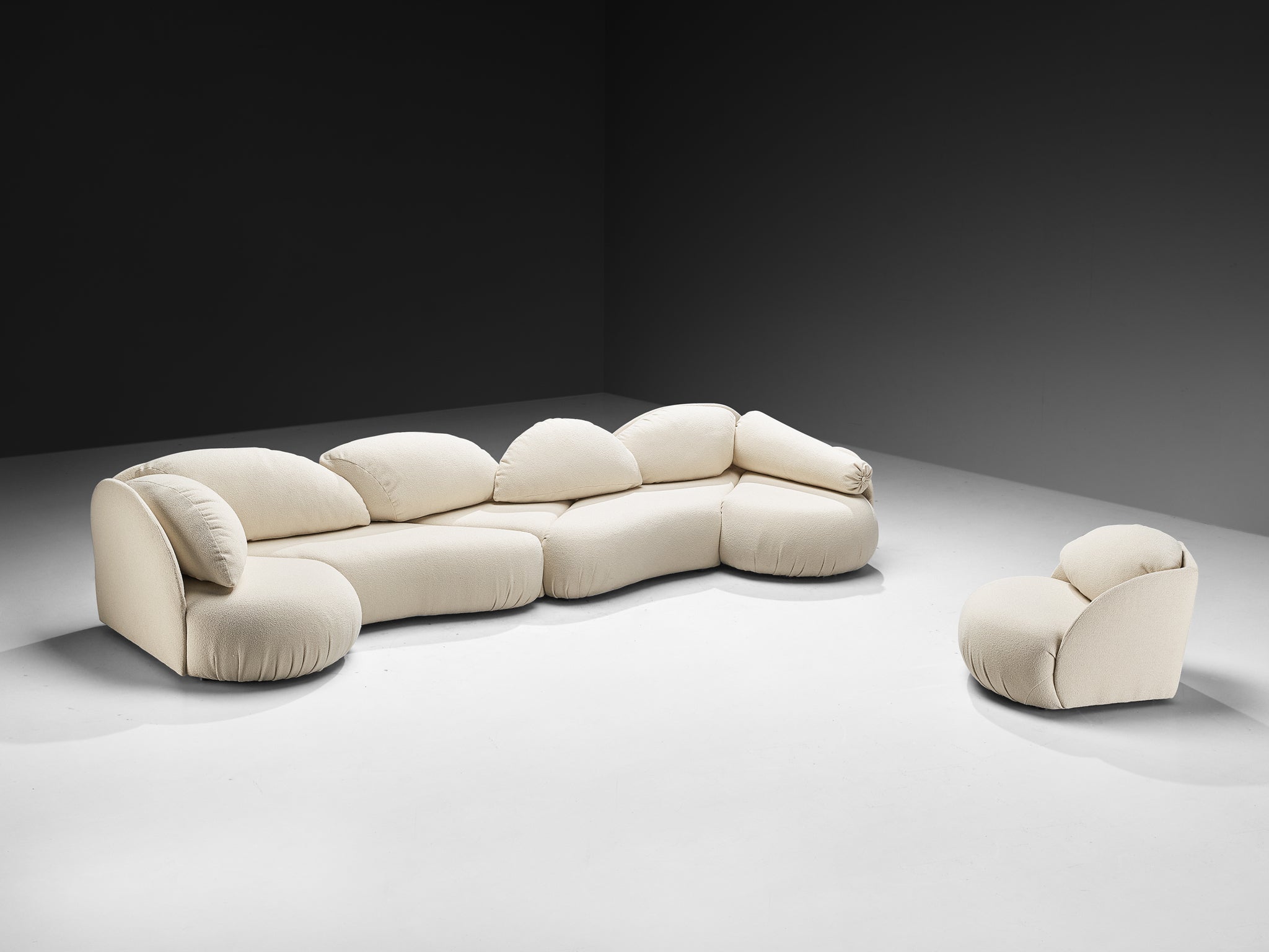 Hans Hopfer for Roche Bobois Post-Modern Croissant Sofa with Lounge Chair in Off-White Fabric Seating Morentz
