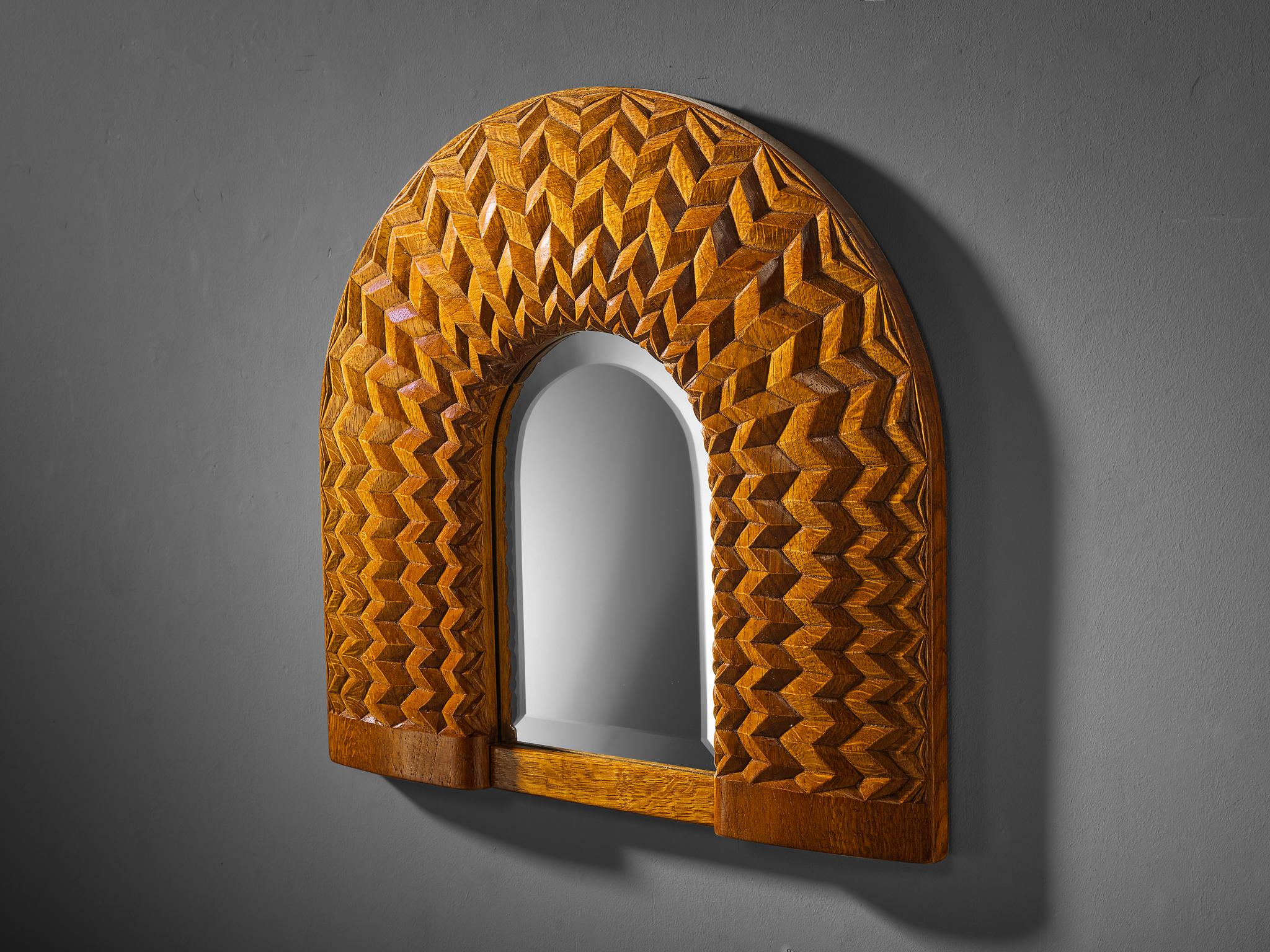 Giuseppe Rivadossi Arched Mirror with Intricate Carvings in Oak