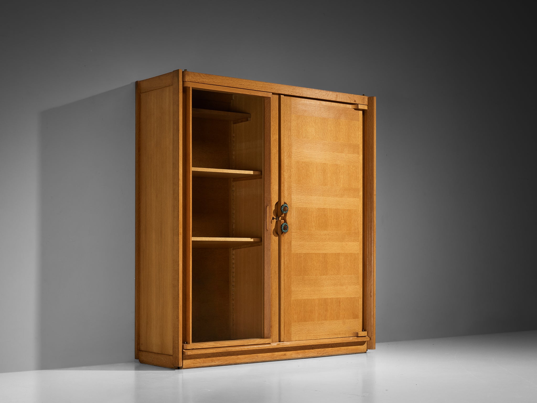 Guillerme & Chambron Highboard in Oak Glass and Ceramic Handles