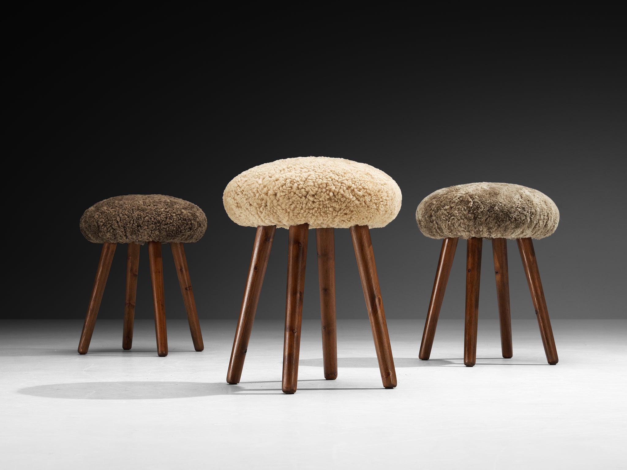 Italian Stools or Side Tables in Solid Pine and Sheepskin Seating Morentz
