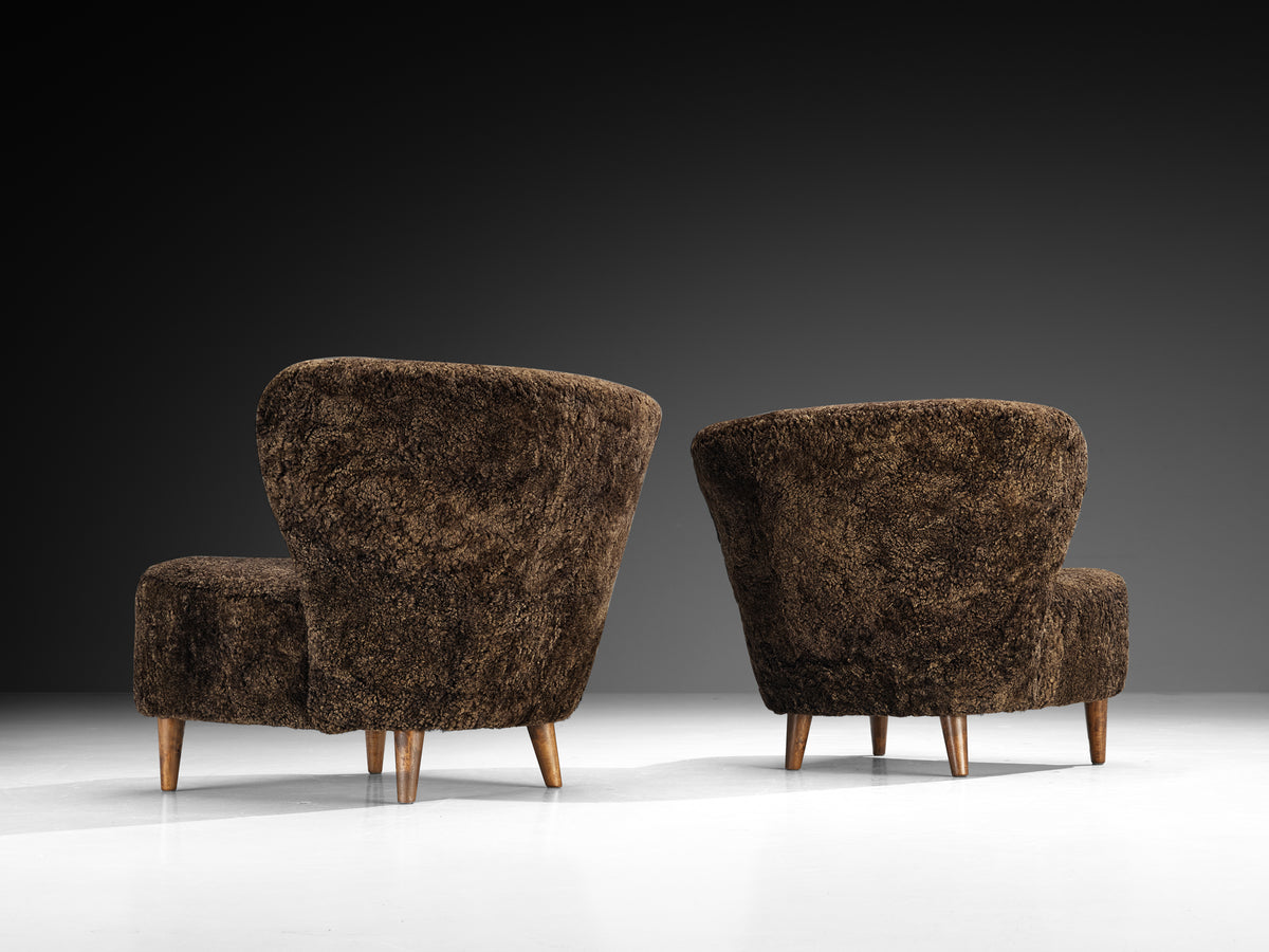Gösta Jonsson Pair of Lounge Chairs in Dark Brown Sheepskin Seating Morentz