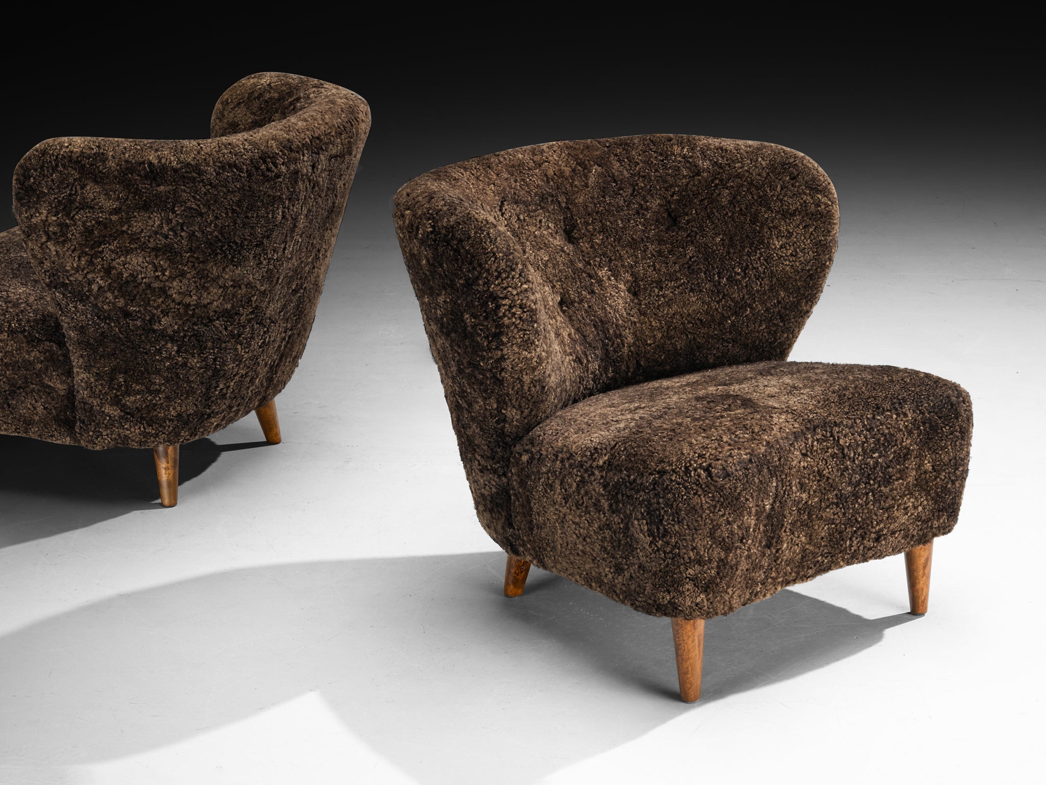 Gösta Jonsson Pair of Lounge Chairs in Dark Brown Sheepskin Seating Morentz
