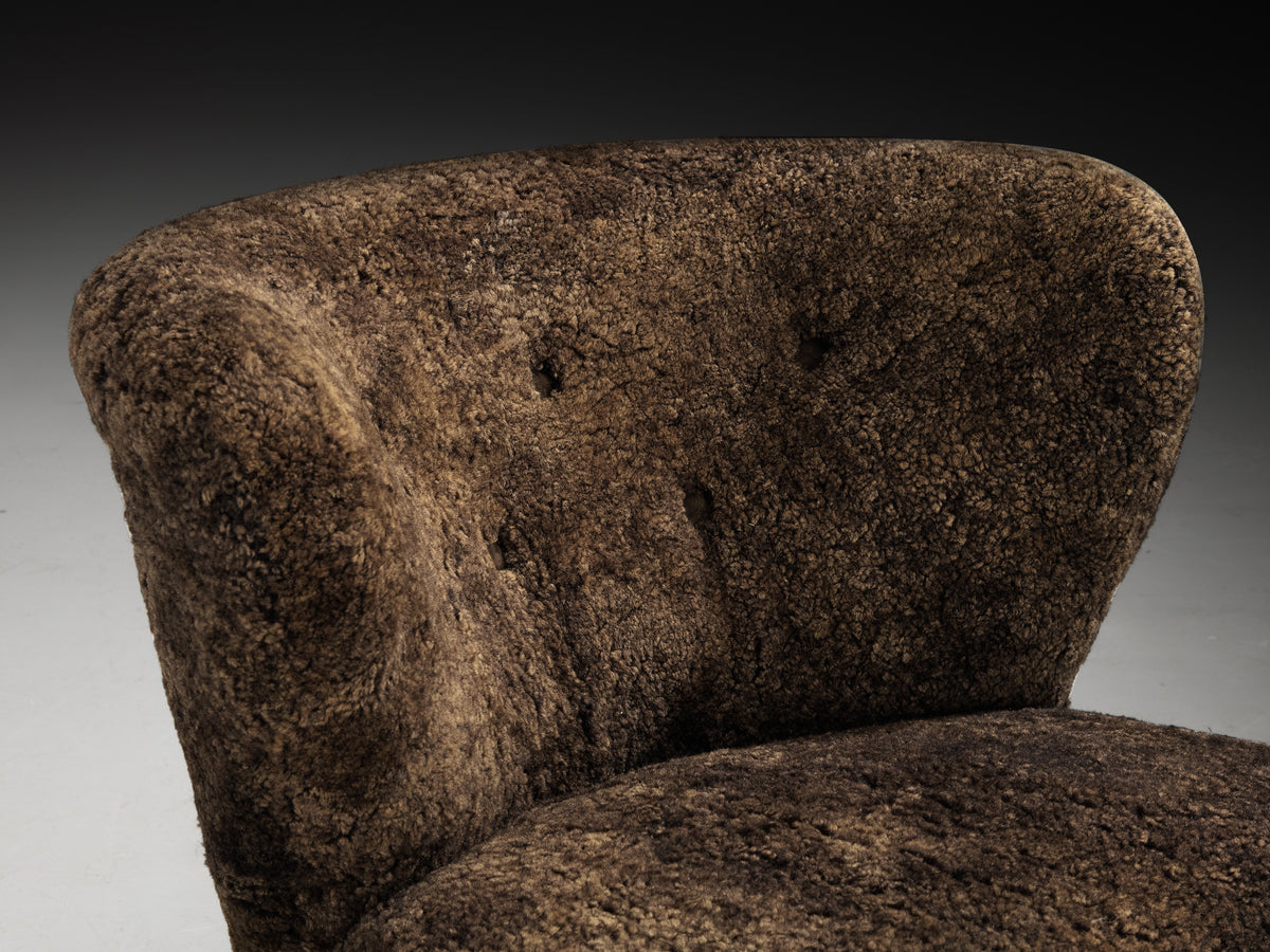 Gösta Jonsson Pair of Lounge Chairs in Dark Brown Sheepskin Seating Morentz