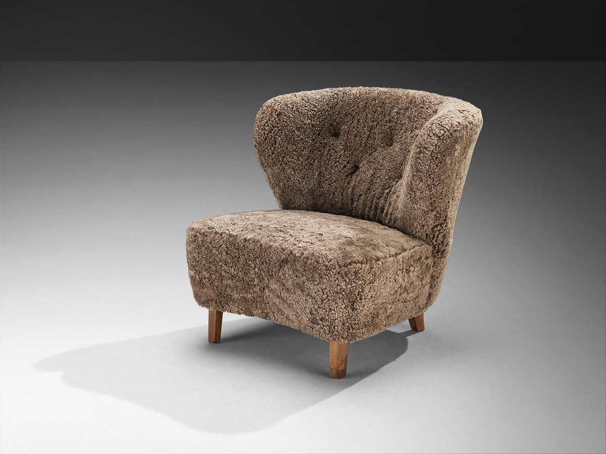 Gösta Jonsson Lounge Chair in Dark Grey Sheepskin Seating Morentz