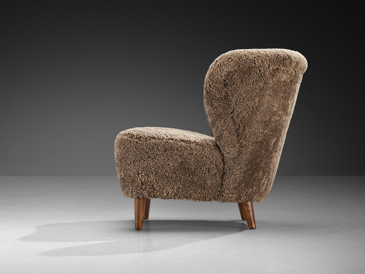 Gösta Jonsson Lounge Chair in Dark Grey Sheepskin Seating Morentz