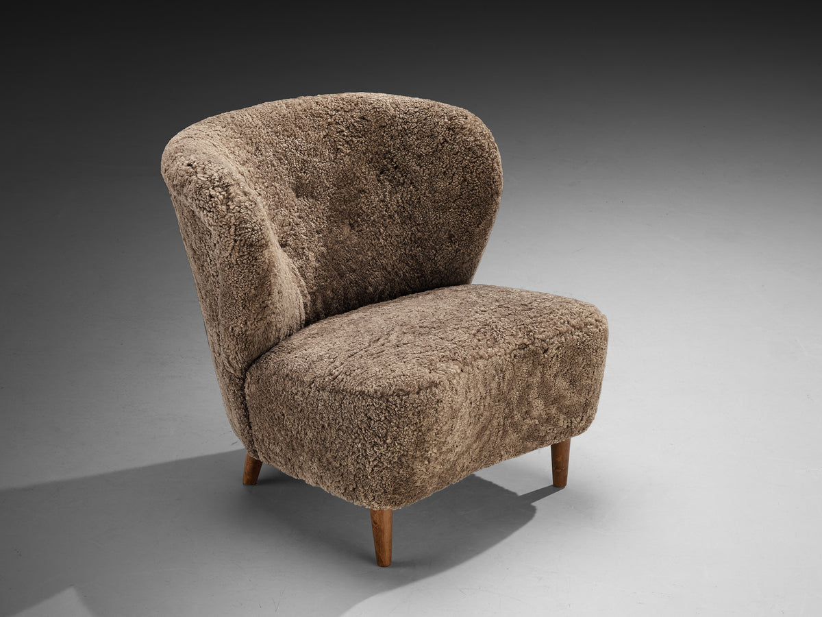Gösta Jonsson Lounge Chair in Dark Grey Sheepskin Seating Morentz