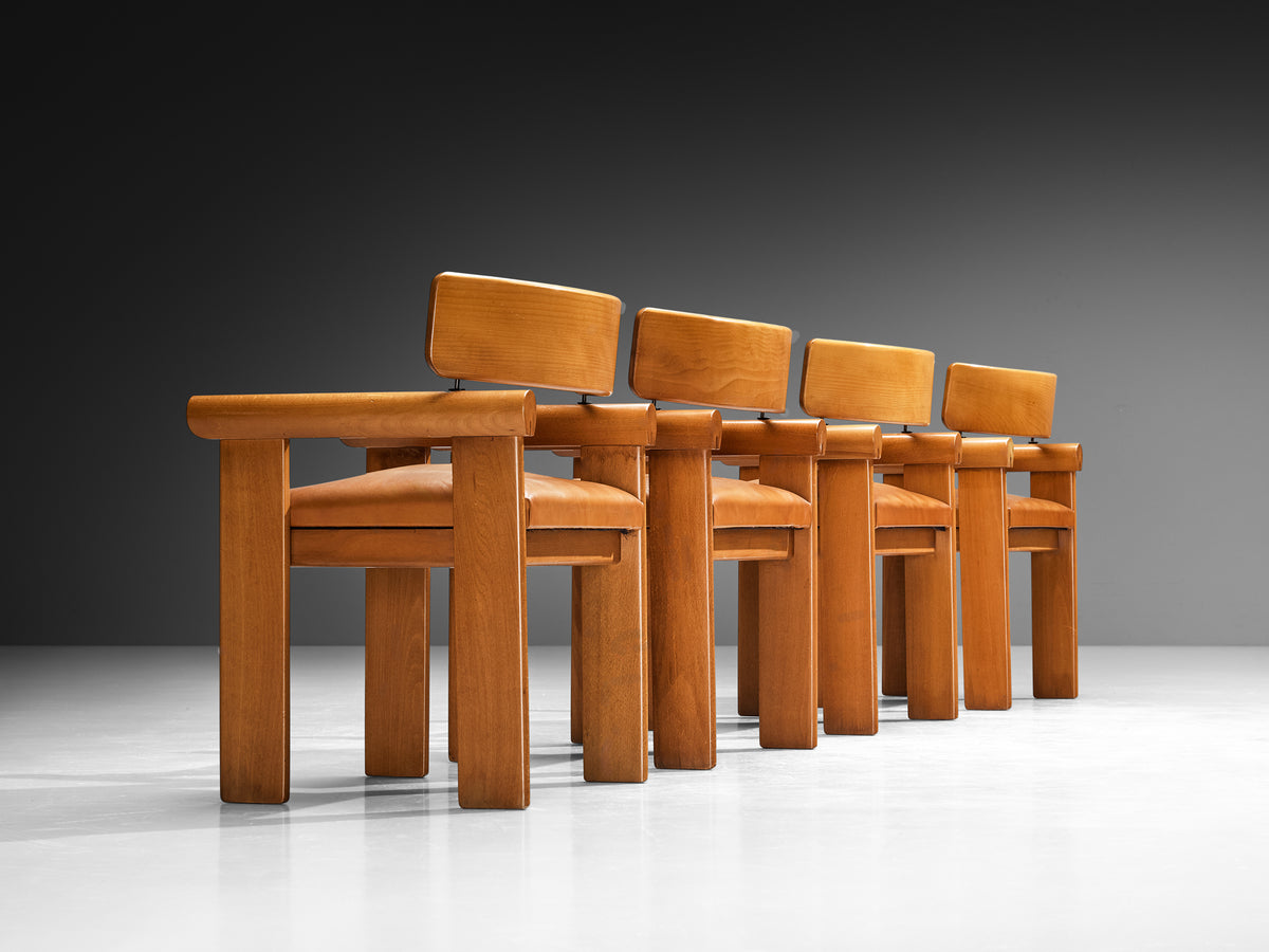 Architectural Armchairs in Beech and Cognac Leather Seating Morentz