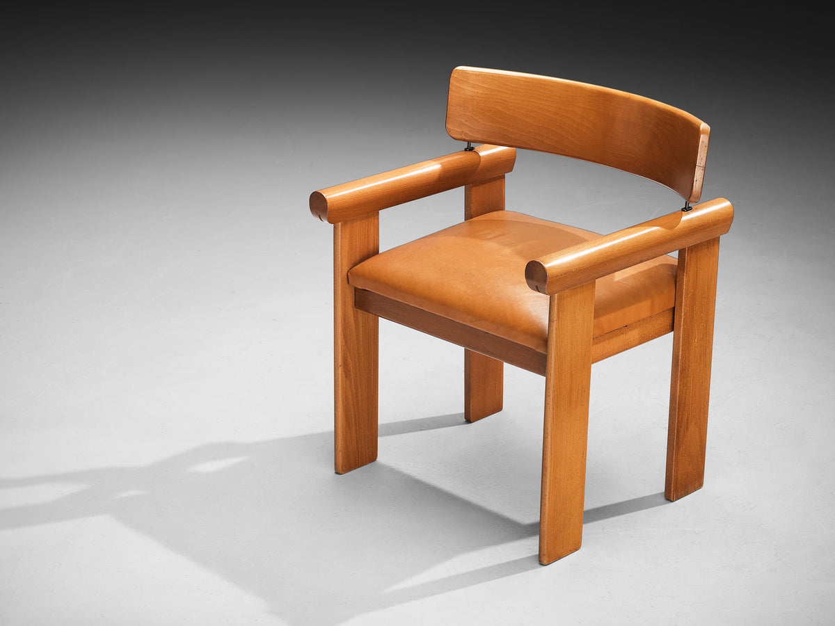 Architectural Armchairs in Beech and Cognac Leather Seating Morentz