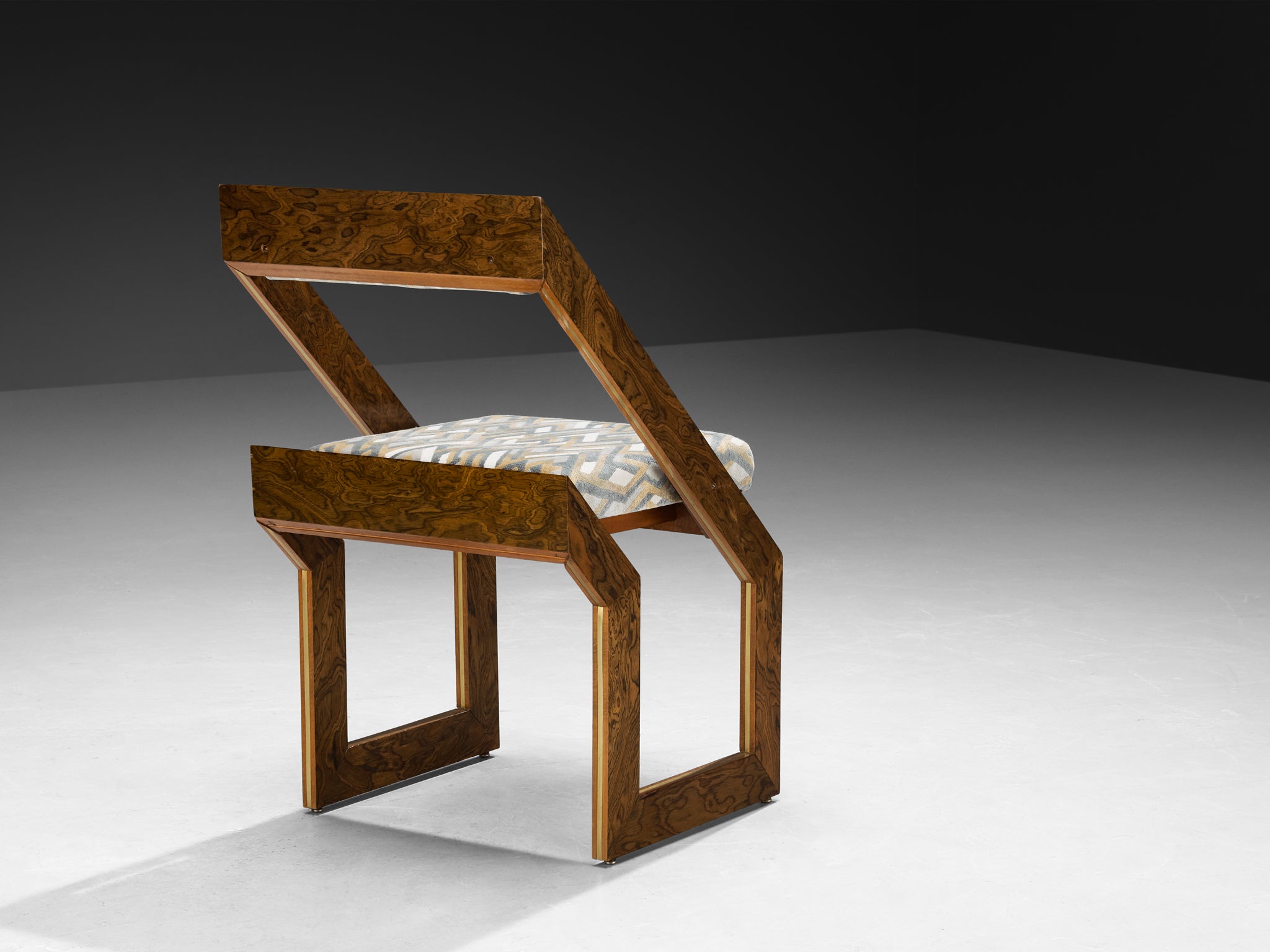 Pair of 1970s Sculptural Geometric Chairs in Expressive Grain Wood and Brass Seating Morentz