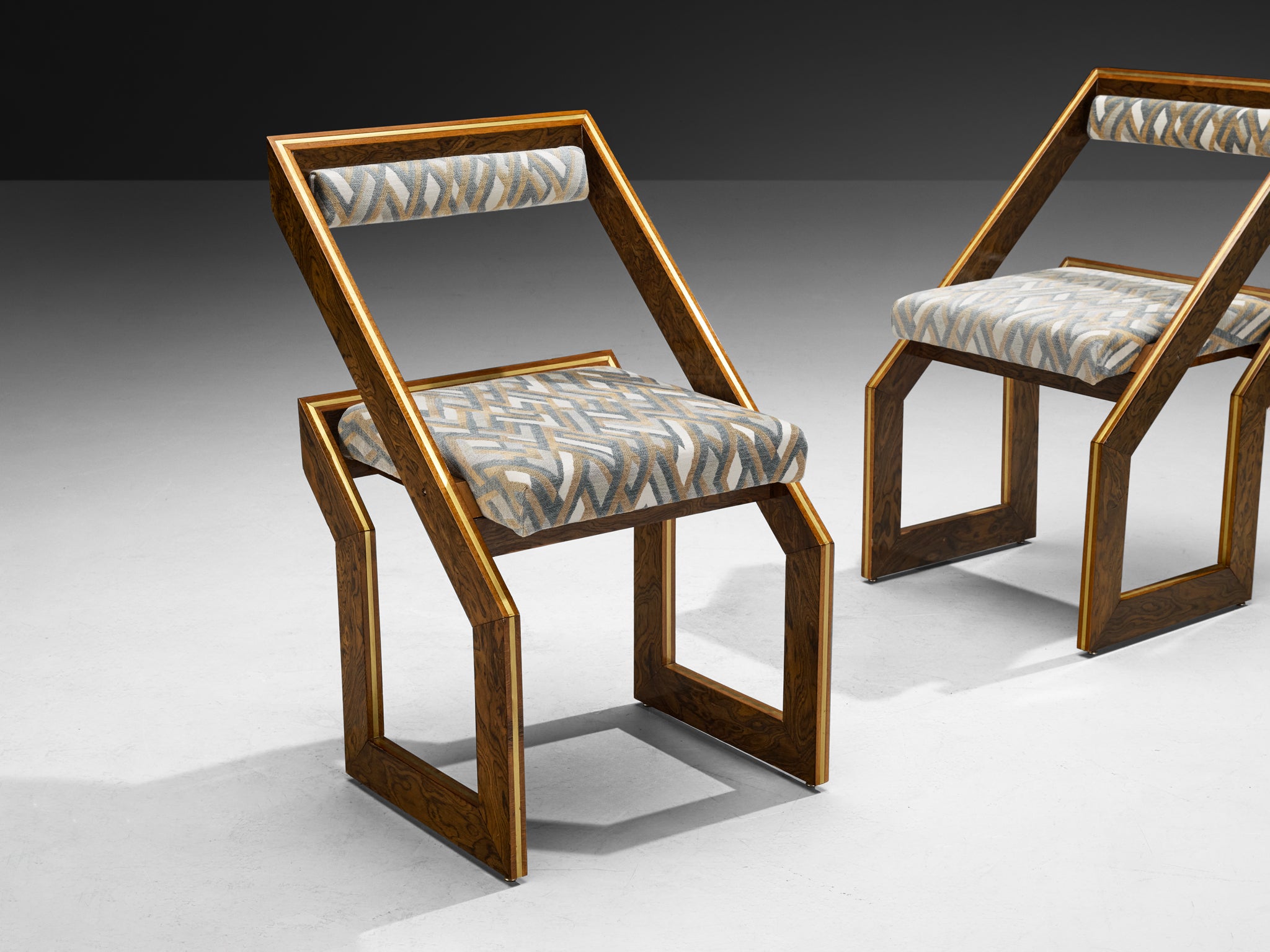 Pair of 1970s Sculptural Geometric Chairs in Expressive Grain Wood and Brass Seating Morentz