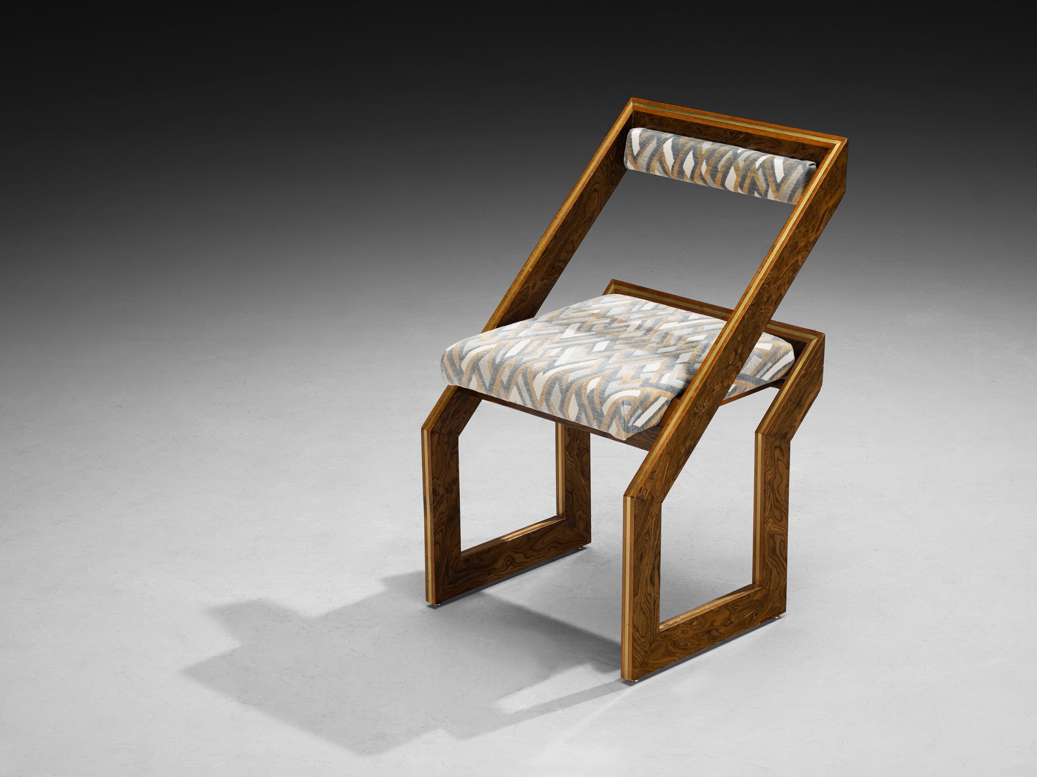 Pair of 1970s Sculptural Geometric Chairs in Expressive Grain Wood and Brass Seating Morentz