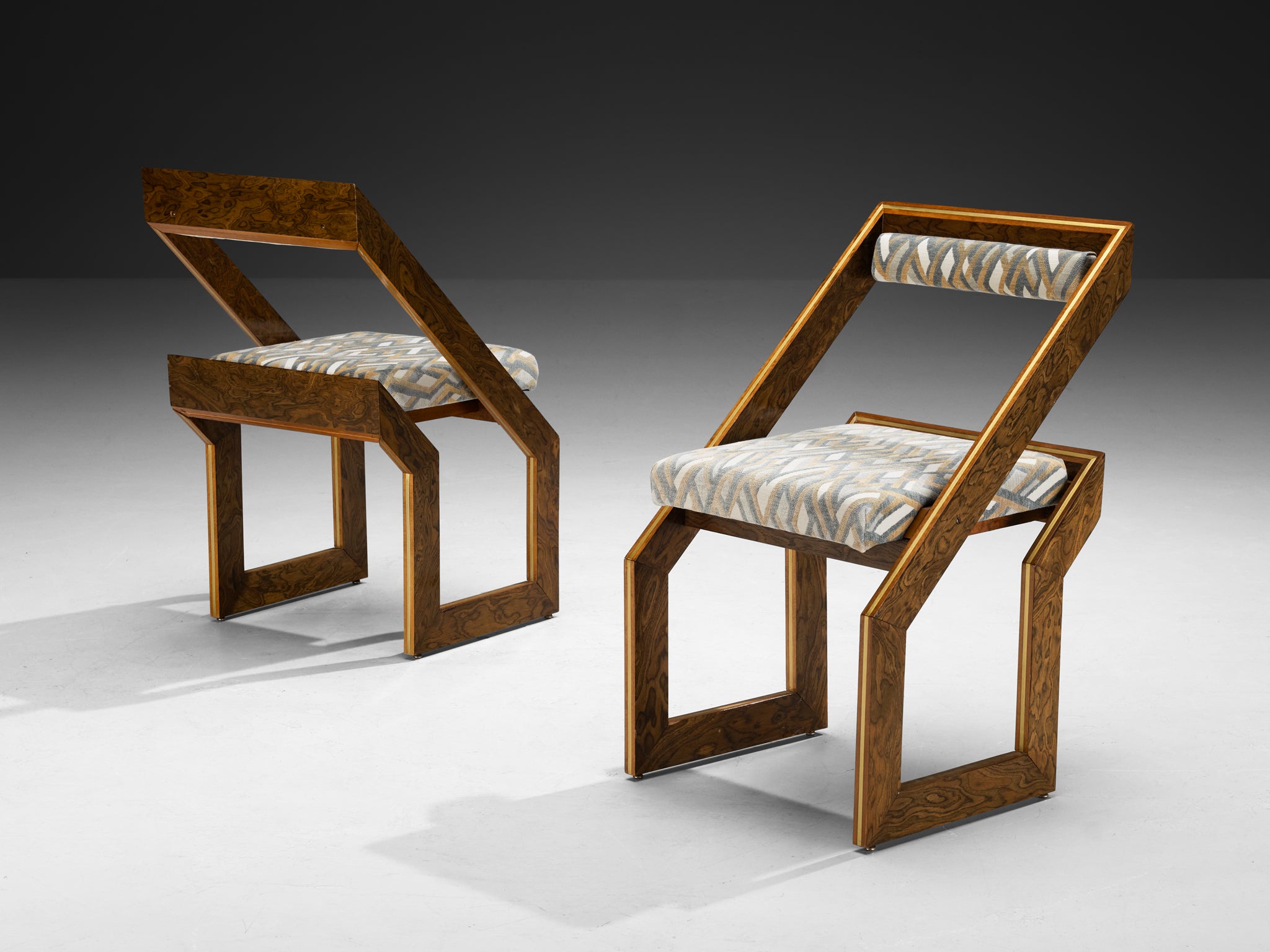Pair of 1970s Sculptural Geometric Chairs in Expressive Grain Wood and Brass Seating Morentz