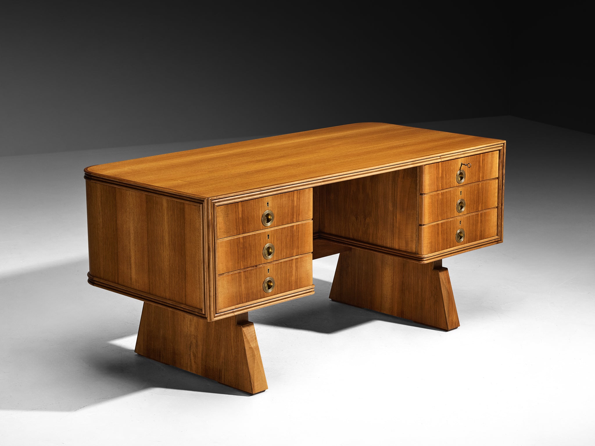 1950s Mid-Century Modern Italian Desk in Walnut and Brass Tables Morentz