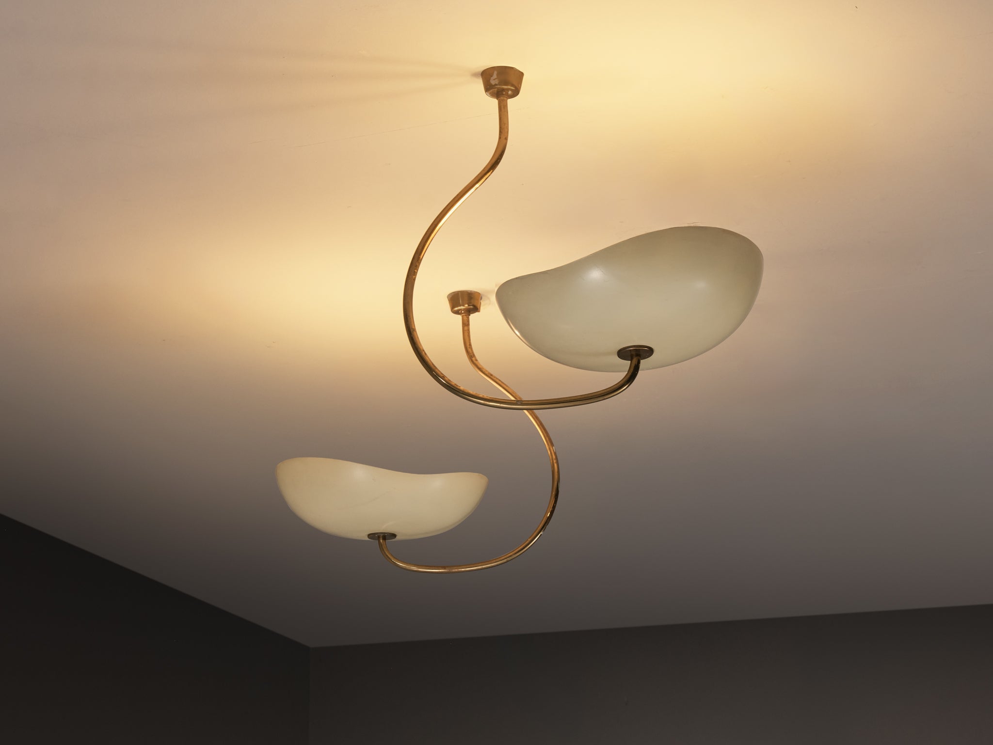 Lumen Organic Chandeliers in Brass with Cream Enameled Aluminum Shades 1950s Lighting Morentz