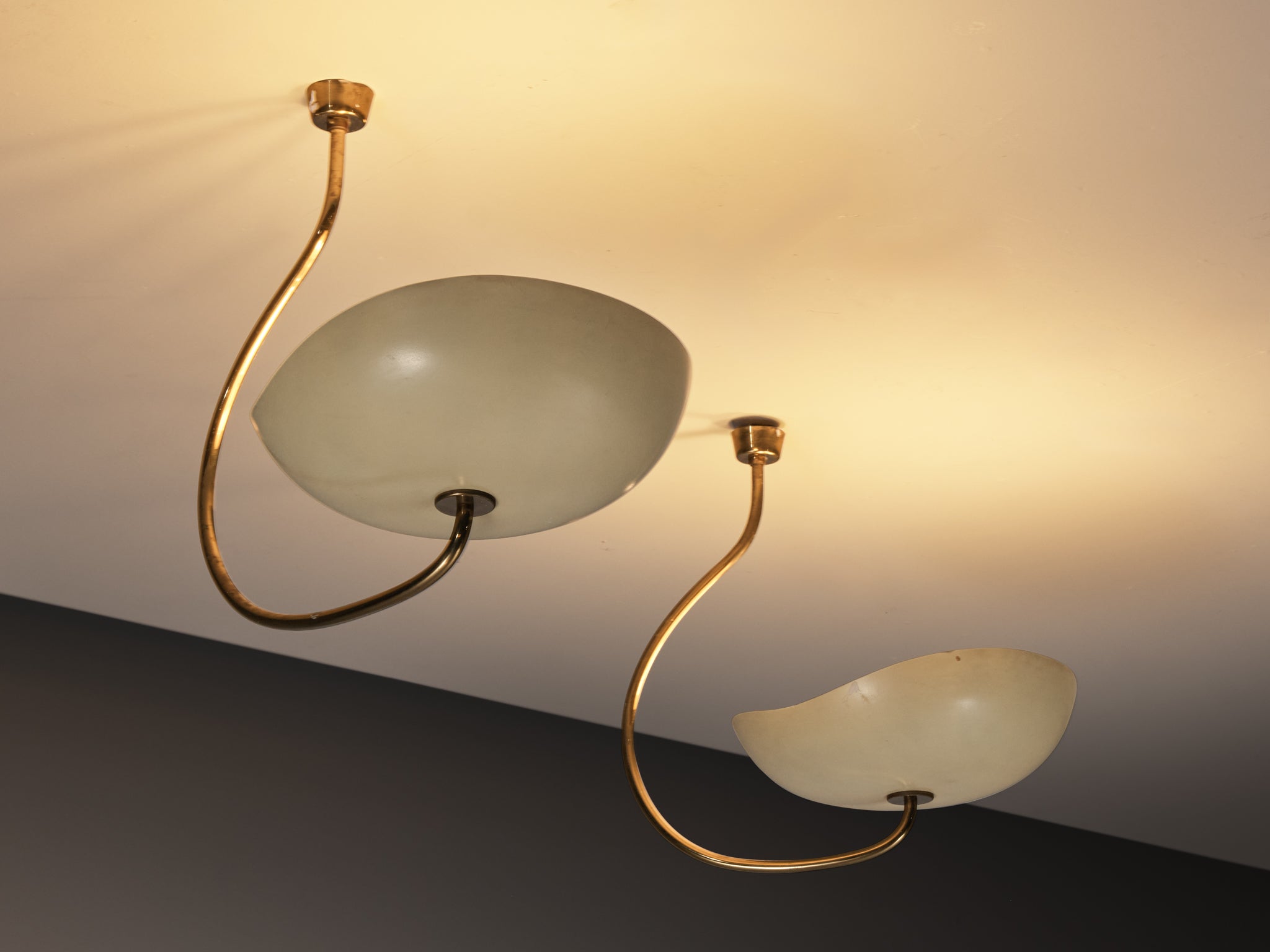 Lumen Organic Chandeliers in Brass with Cream Enameled Aluminum Shades 1950s Lighting Morentz