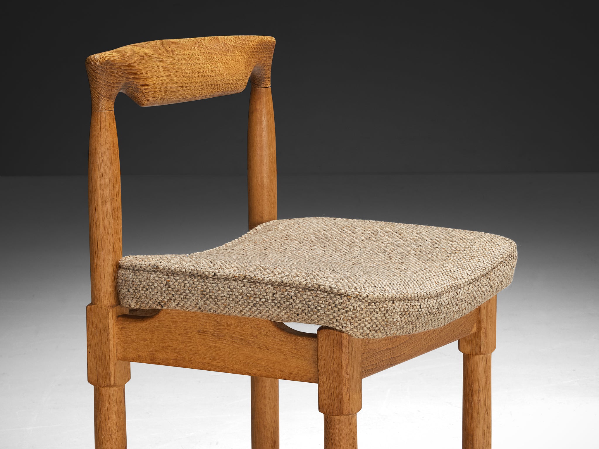 Guillerme & Chambron Set of Four Dining Chairs in Oak and Beige Fabric Seating Morentz