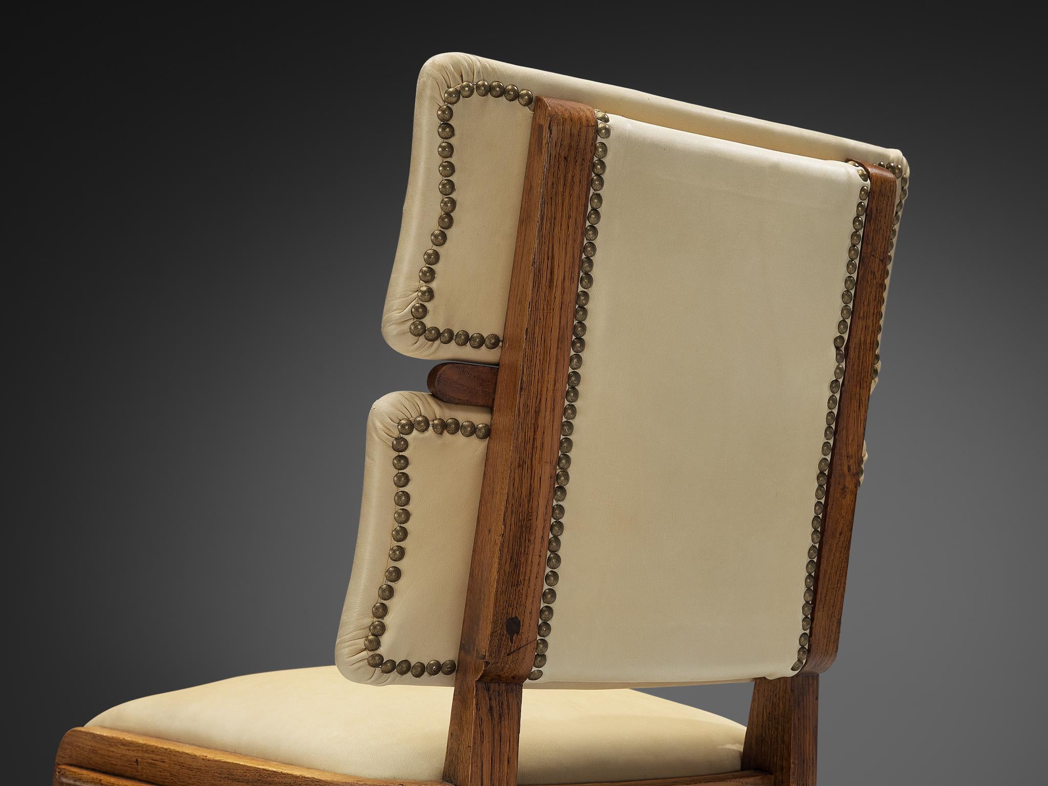 Set of Six Italian Art Deco Dining Chairs in Oak Brass & Light Beige Fabric seating Morentz