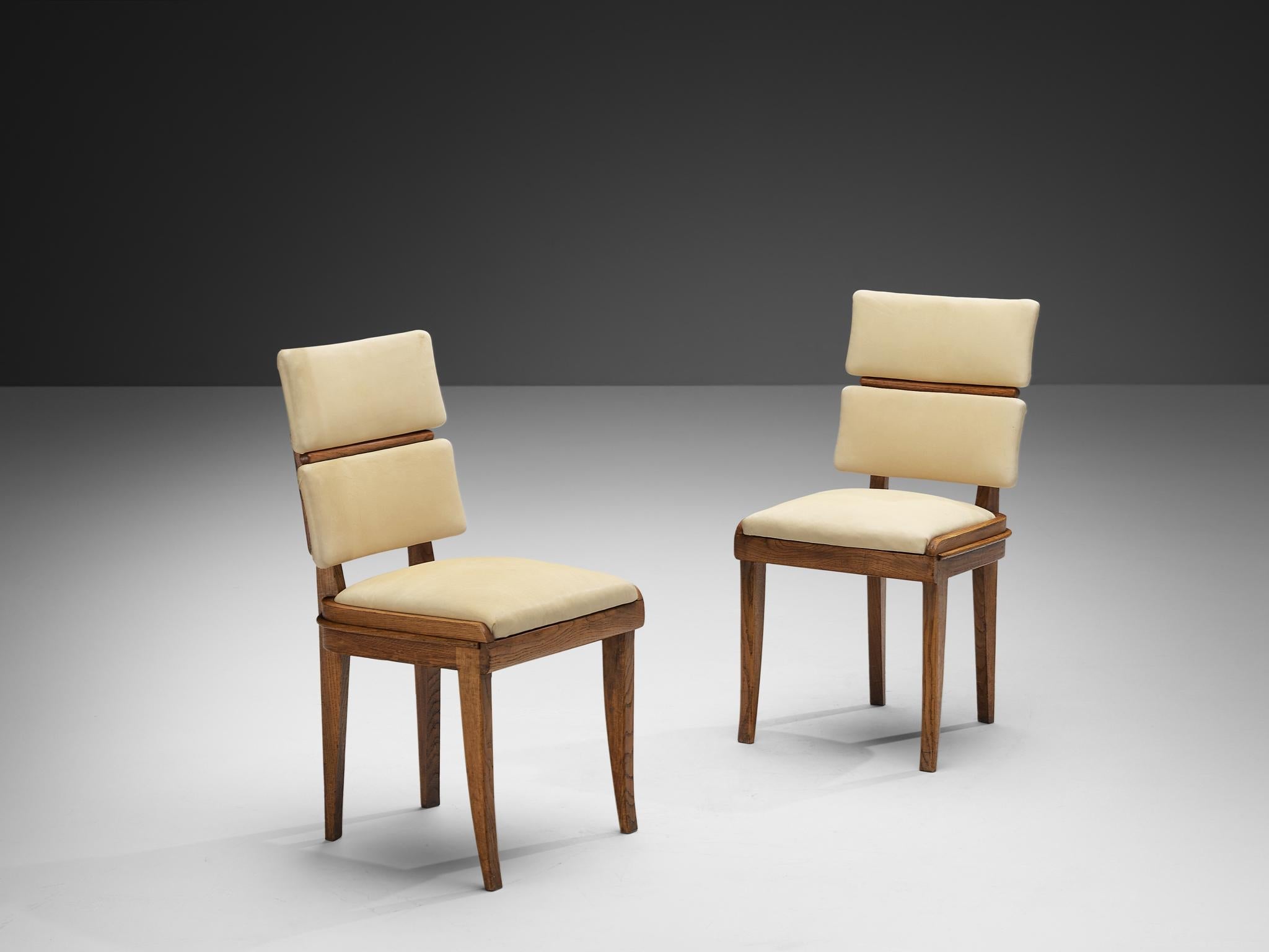 Set of Six Italian Art Deco Dining Chairs in Oak Brass & Light Beige Fabric seating Morentz